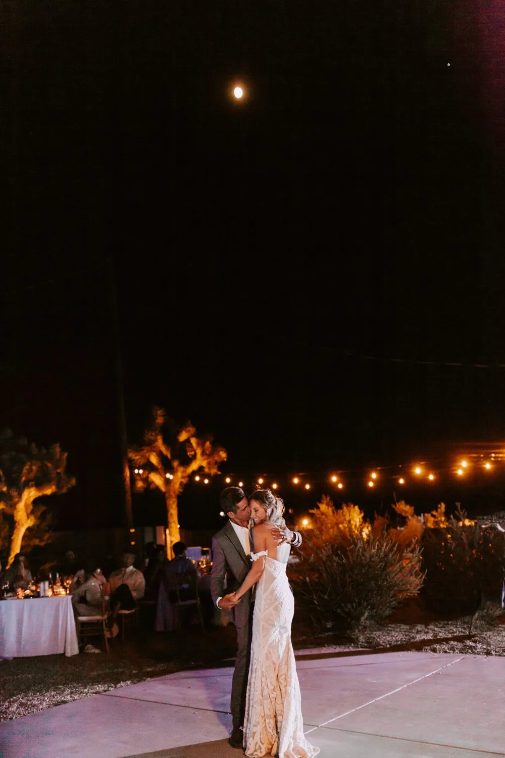First dance | night string lights | Joshua Tree Wedding Photographer | Wedding speeches | JT Serenity Escape Airbnb Wedding | Tida Svy | www.tidasvy.com