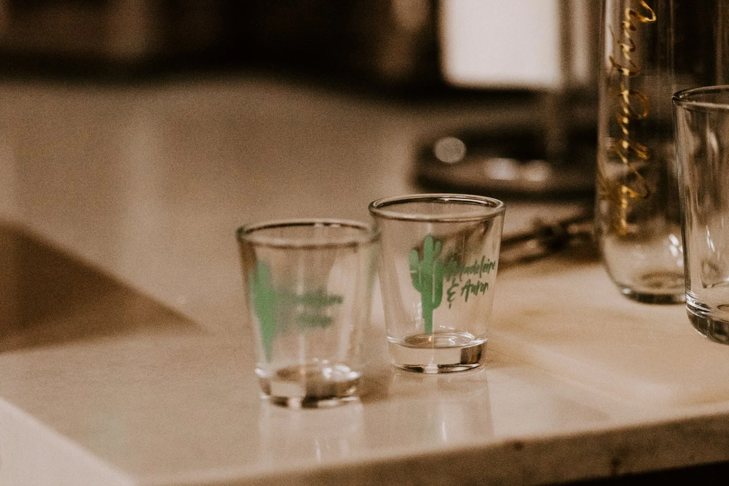 Custom bride and groom shot glasses | Joshua Tree Wedding Photographer | JT Serenity Escape Airbnb Wedding | Tida Svy | www.tidasvy.com