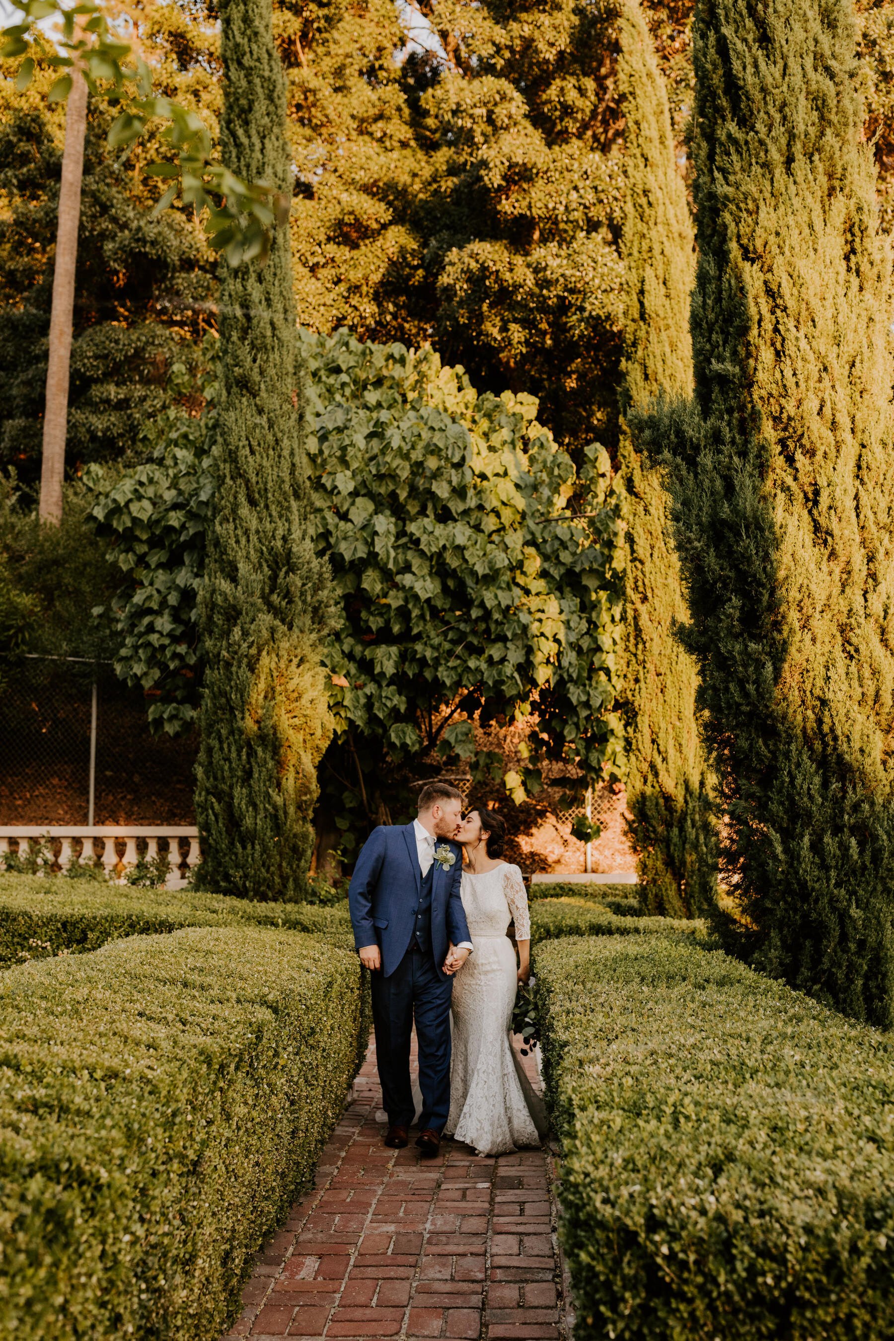 Wattles Mansion and Gardens Los Angeles Wedding, Los Angeles Wedding Photographer, Tida Svy, www.tidasvy.com, bride and groom portrait in garden, trees, hedges