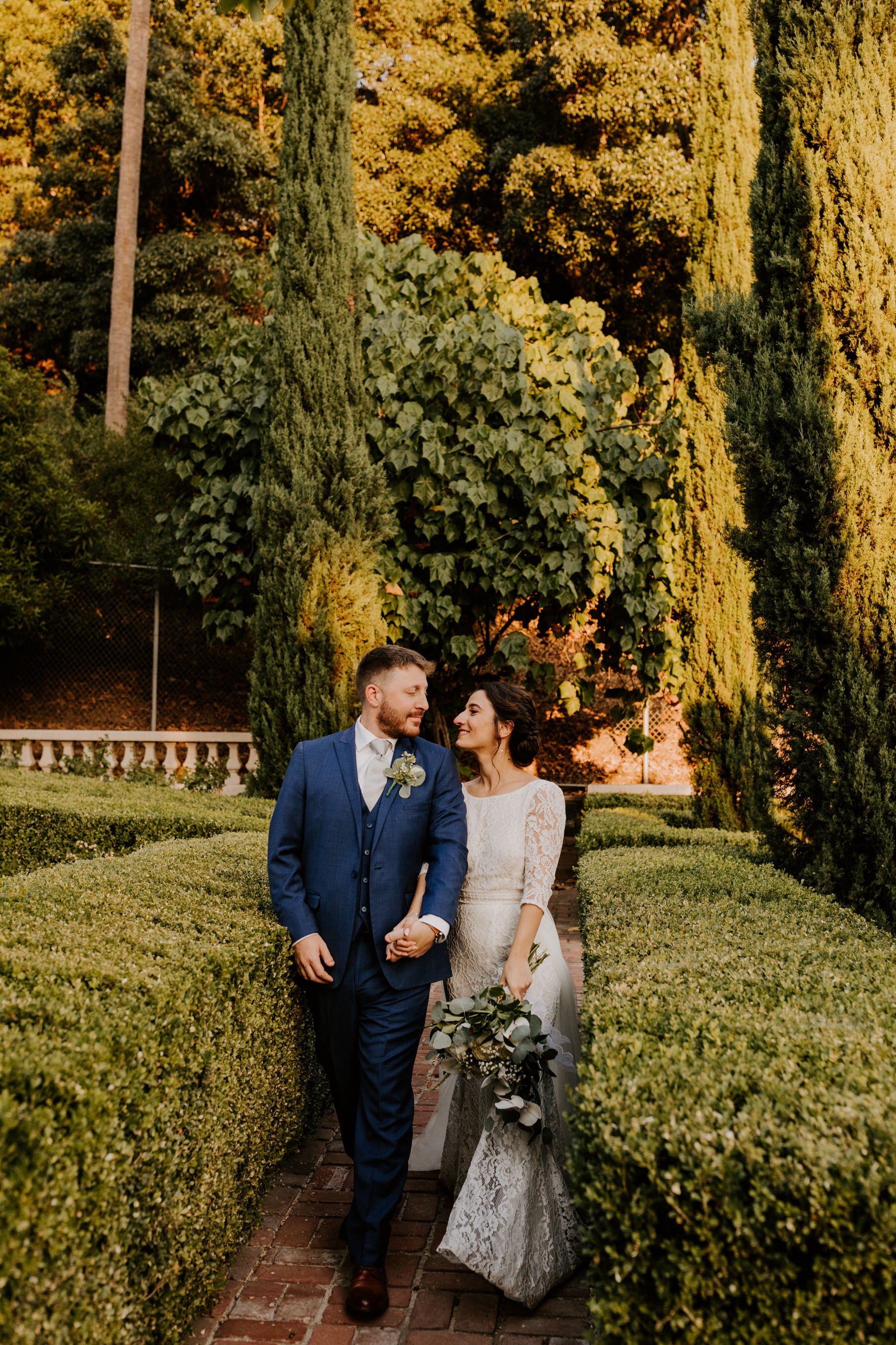 Wattles Mansion and Gardens Los Angeles Wedding, Los Angeles Wedding Photographer, Tida Svy, www.tidasvy.com, bride and groom portrait in garden, trees, hedges