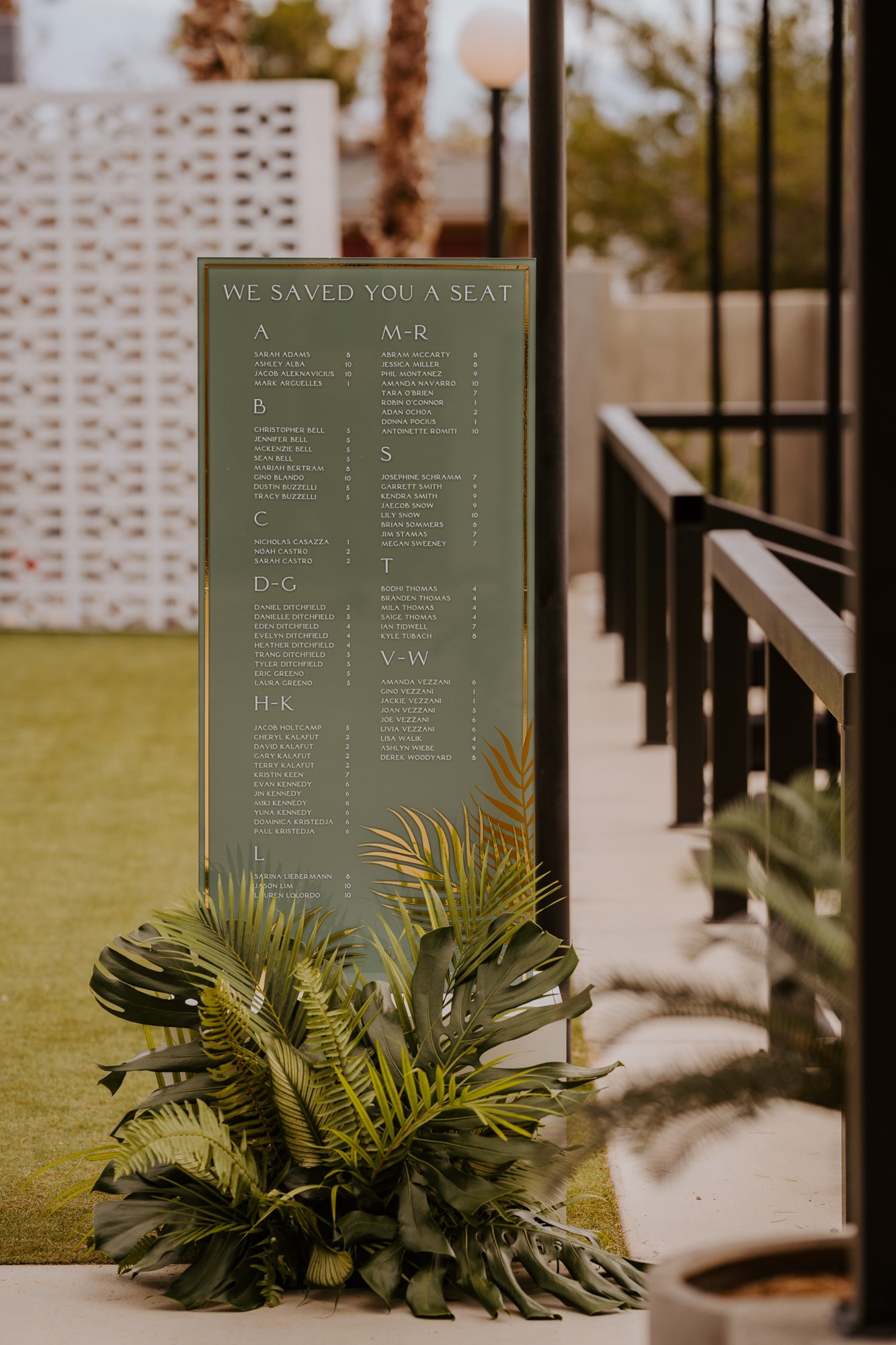 The Lautner Compound Palm Springs Wedding | Sage green and gold seating chart | Tida Svy Photography | www.tidasvy.com