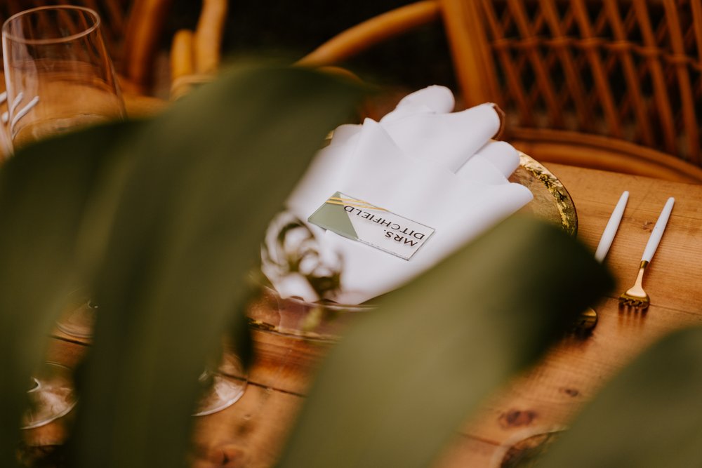 The Lautner Compound Palm Springs Wedding | Sage green and gold name setting place cards | Tida Svy Photography | www.tidasvy.com