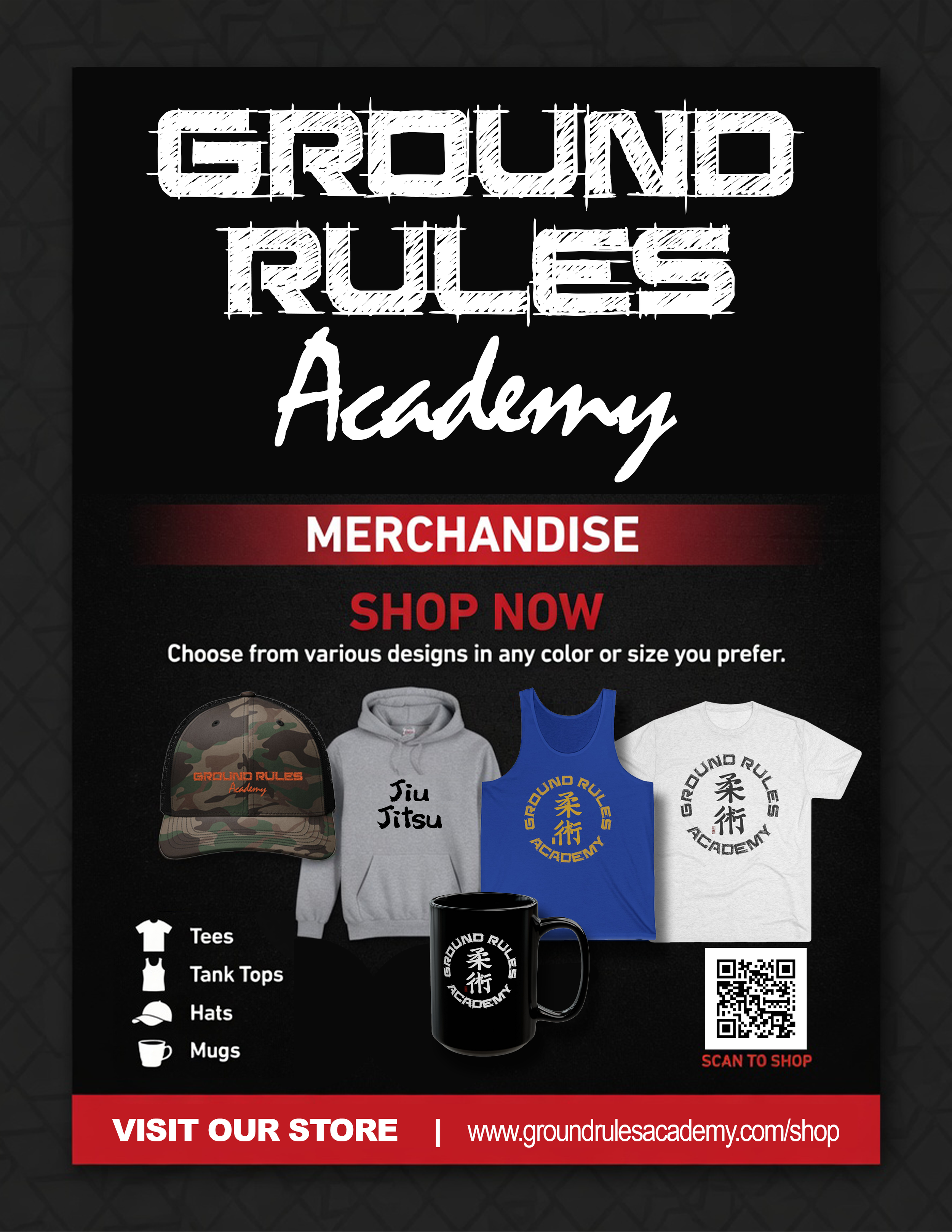 Flyer advertising the new Ground Rules Academy Jiu Jitsu online merchandise shop that includes shirts, hoodies, hats, and more.