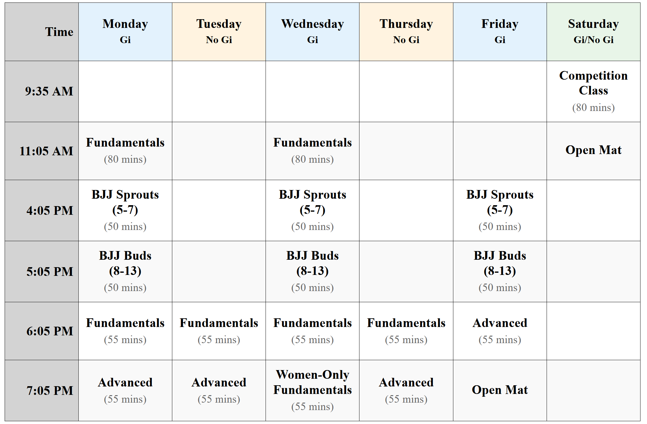 Calendar view of the Ground Rules Academy Jiu Jitsu weekly class schedule