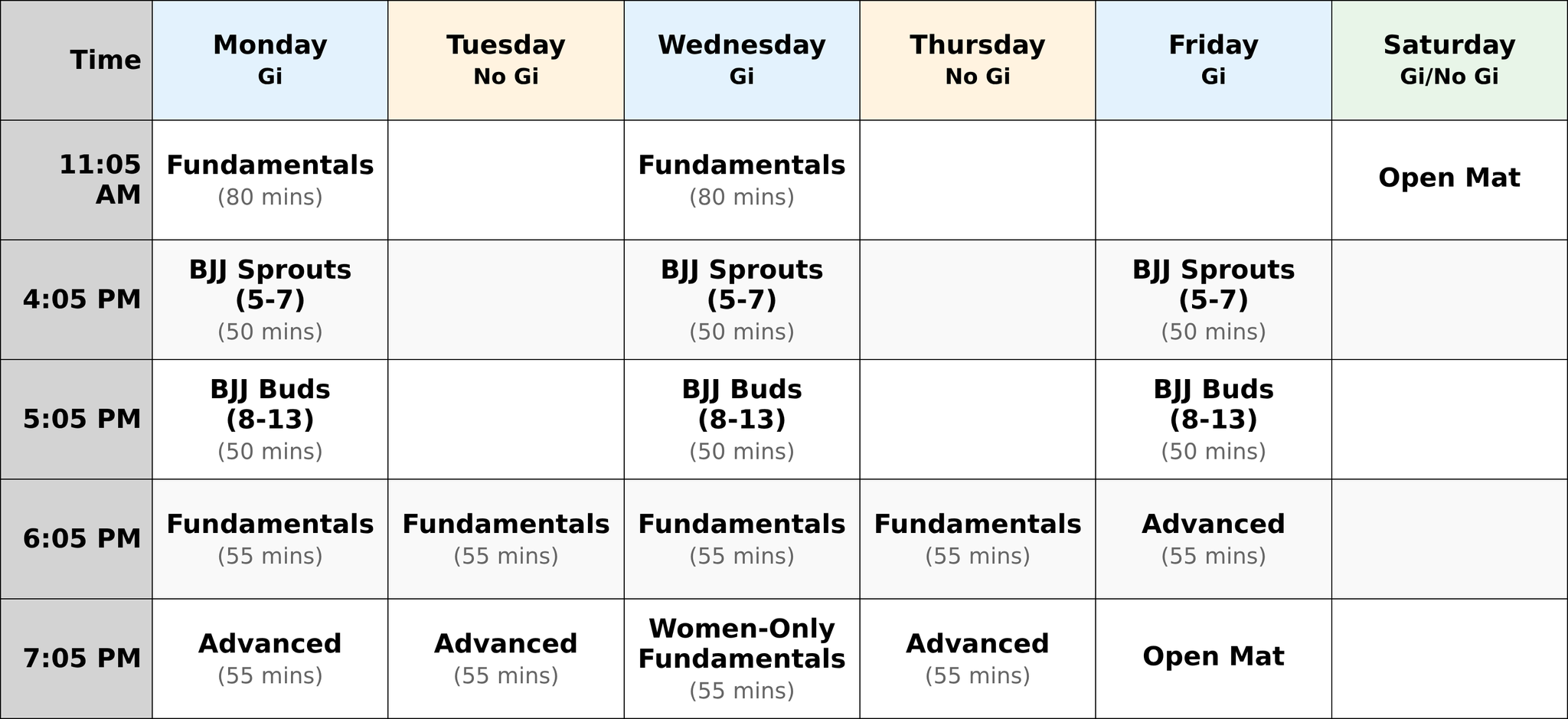 Ground Rules Academy Weekly Class Schedule