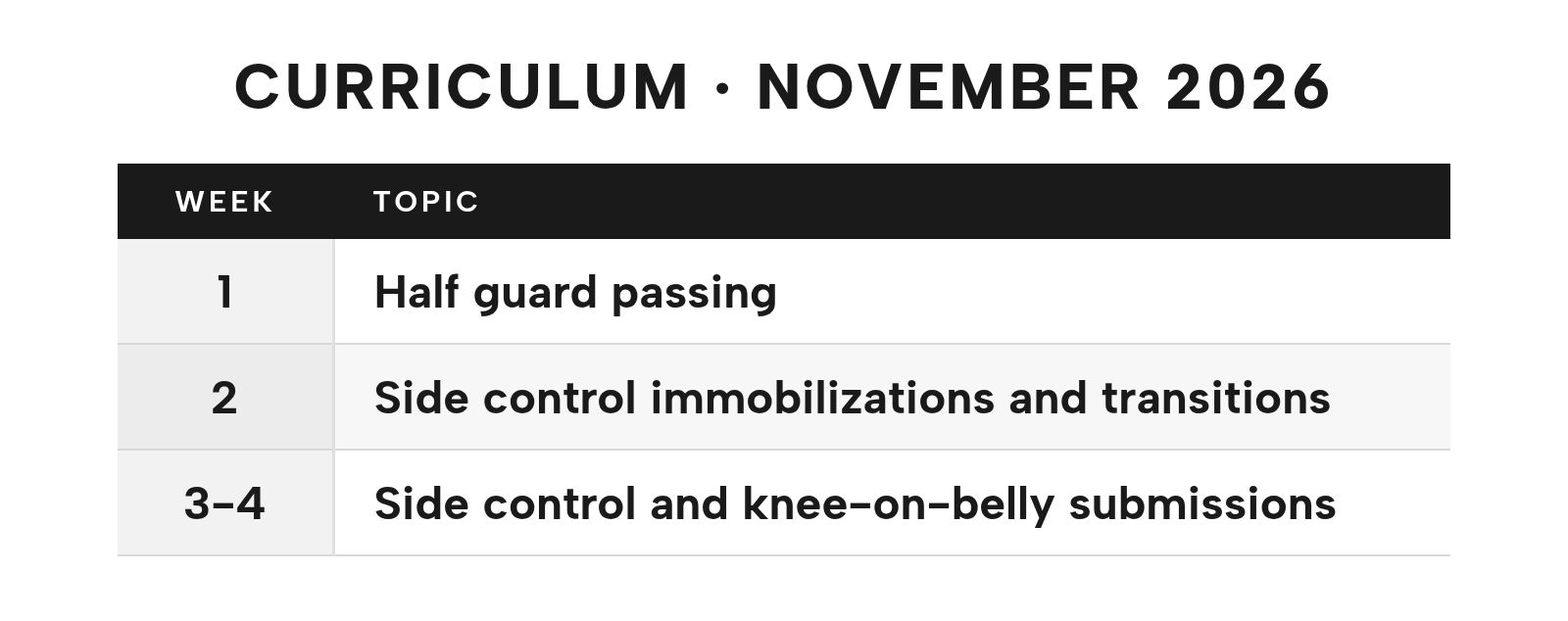November 2026 curriculum: half guard passing, side control, knee-on-belly