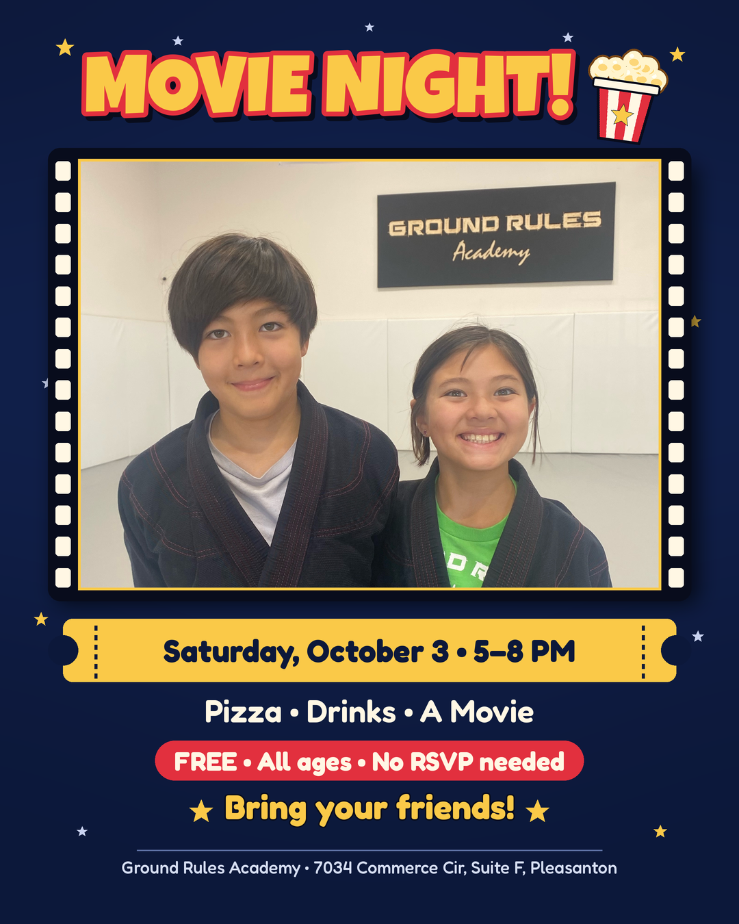 Movie Night at Ground Rules Academy, Saturday October 3, 5 to 8 PM. Free pizza, drinks, and a movie for kids.