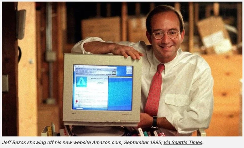 Jeff Bezos showing off his new website Amazon.com, September 1995; via Seattle Times.