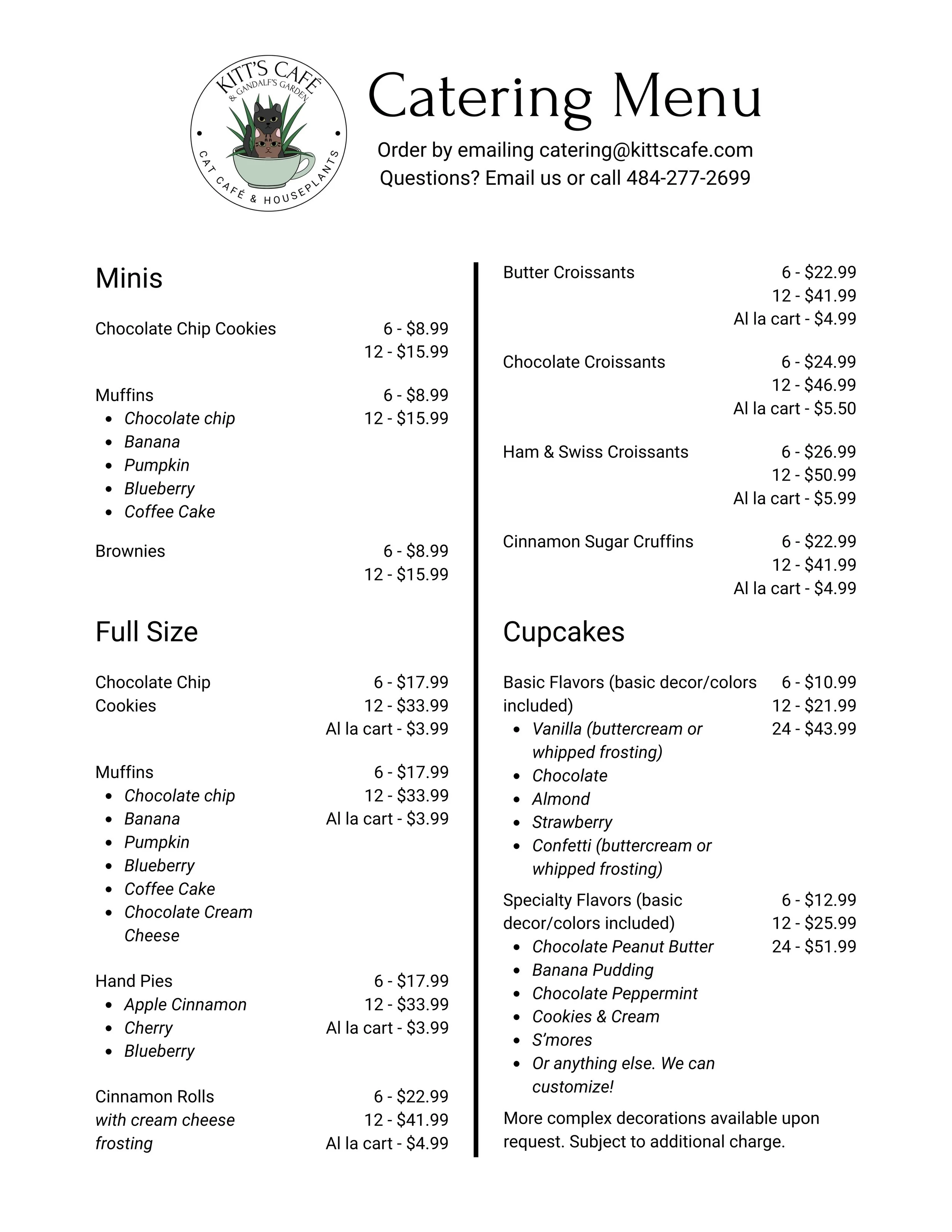 Catering menu from Kitt's Cafe featuring various baked goods and desserts including cookies, muffins, brownies, and cupcakes. The menu provides prices for different quantities and options for custom orders.