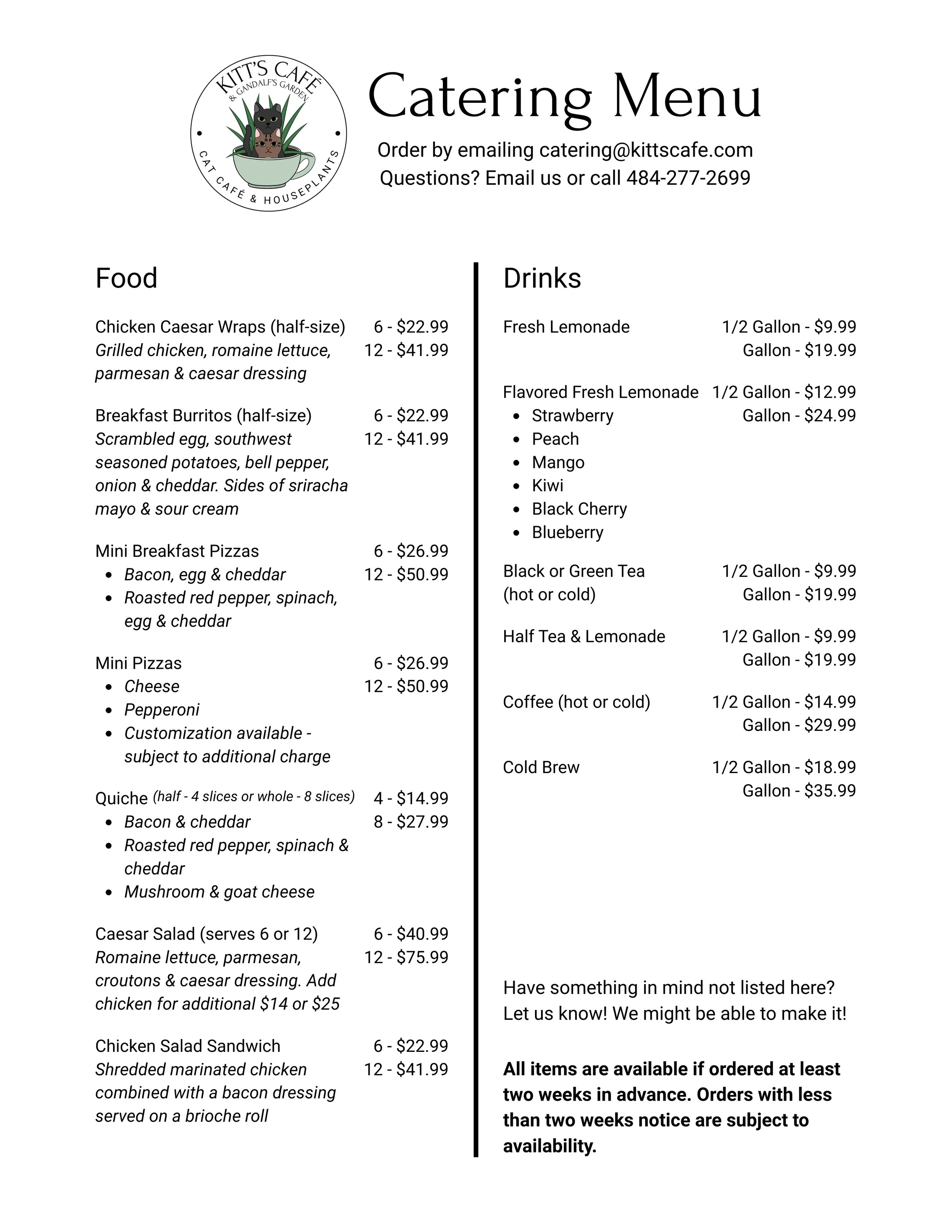 Kitt's Cafe catering menu with prices for food and drinks, including wraps, burritos, pizzas, salads, beverages, and more.