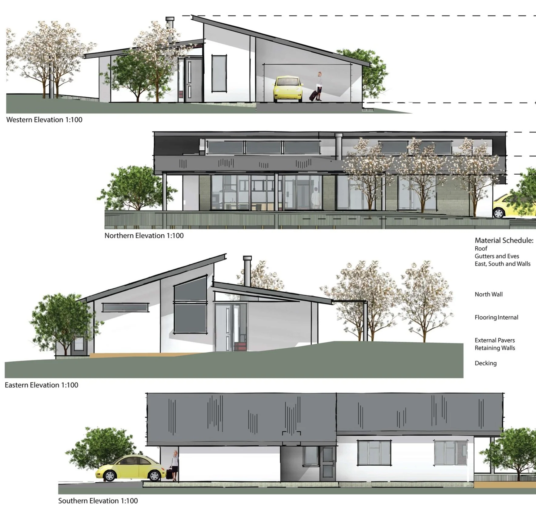 Architectural drawings of a modern residential building, showing western, northern, eastern, and southern elevations, with trees, a car, and a person depicted for scale.