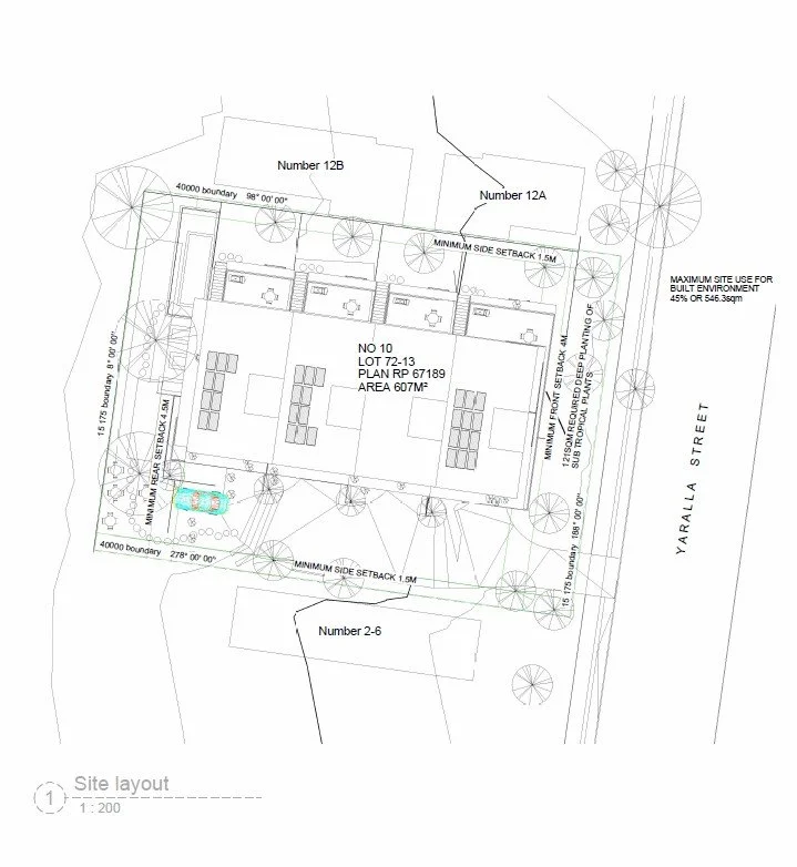 Site plan for a building project showing lot boundaries, building footprint, trees, parking spaces, swimming pool, and surrounding street layout.