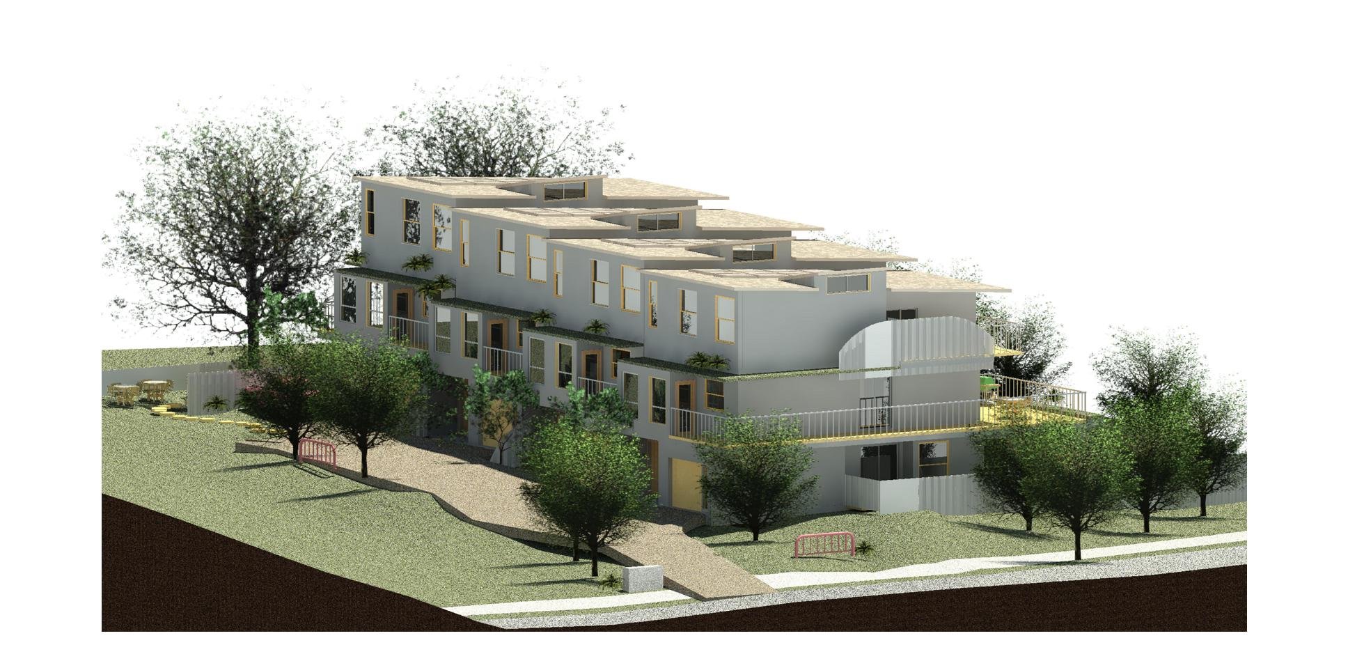 Architectural rendering of a modern multi-story residential building with multiple terraces, surrounded by trees and greenery.