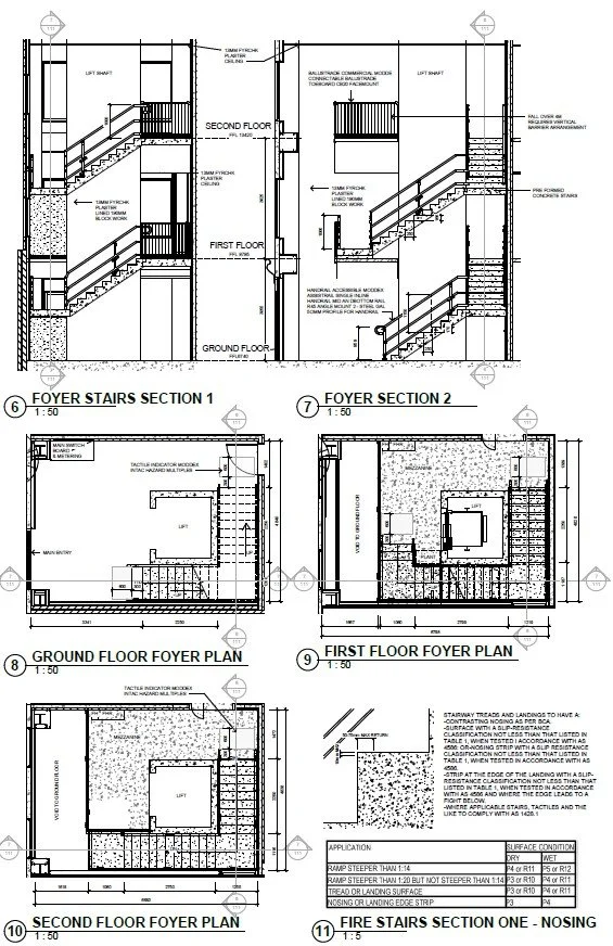 Architectural blueprint of foyer stairs sections and plans, detailing ground and first floor, including stair treads, landings, railing, and structural elements.