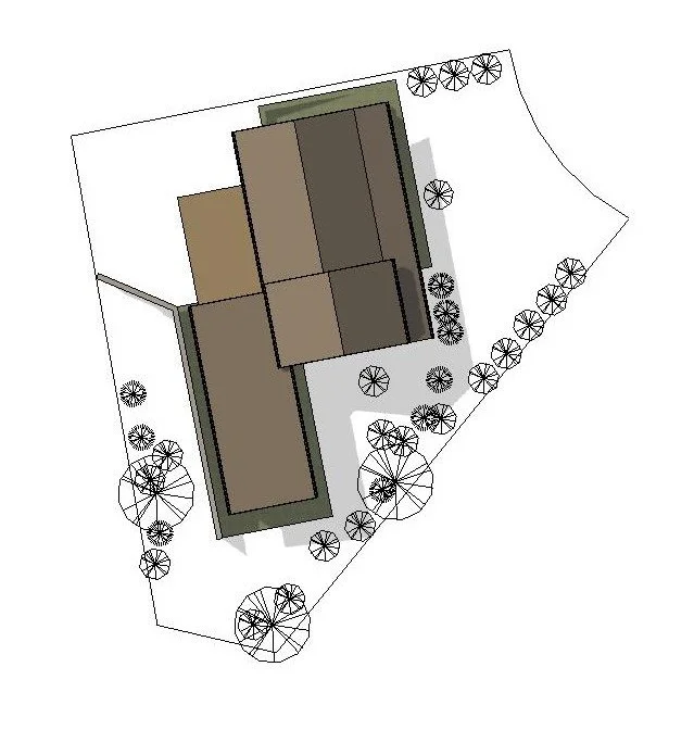 Architectural site plan of a residential property showing a building with outdoor landscaping and trees surrounding the structure.