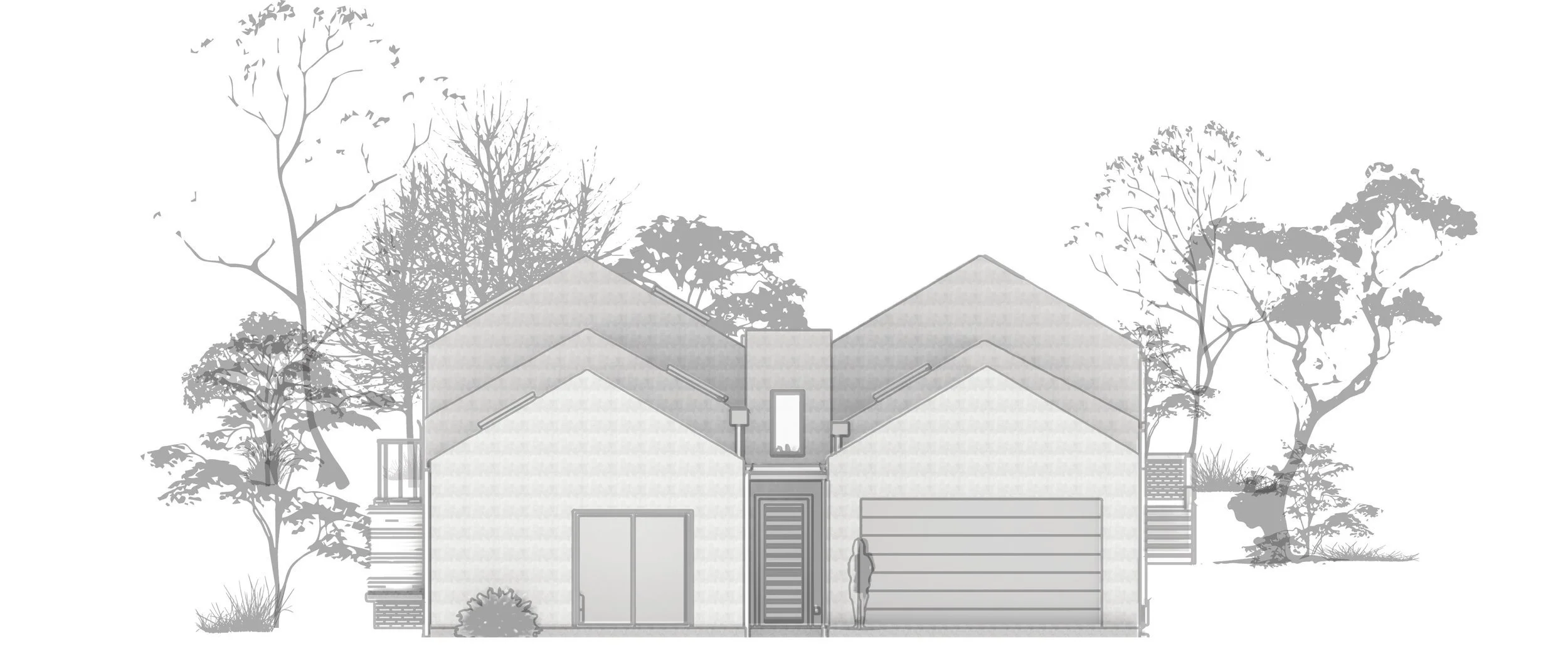 Line drawing of a modern house with trees and landscaping.