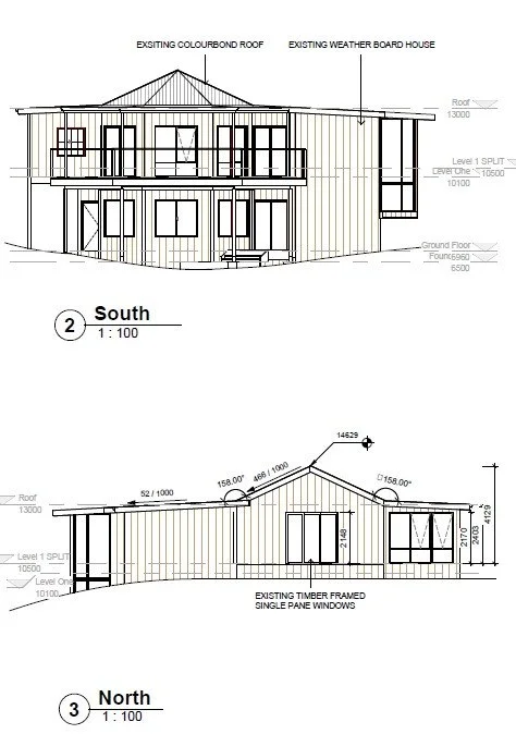 Architectural elevation drawings of a two-story residential building showing south and north perspectives, including detailed roof and wall measurements, window placements, and labels for roof, weatherboard, and timber framing elements.