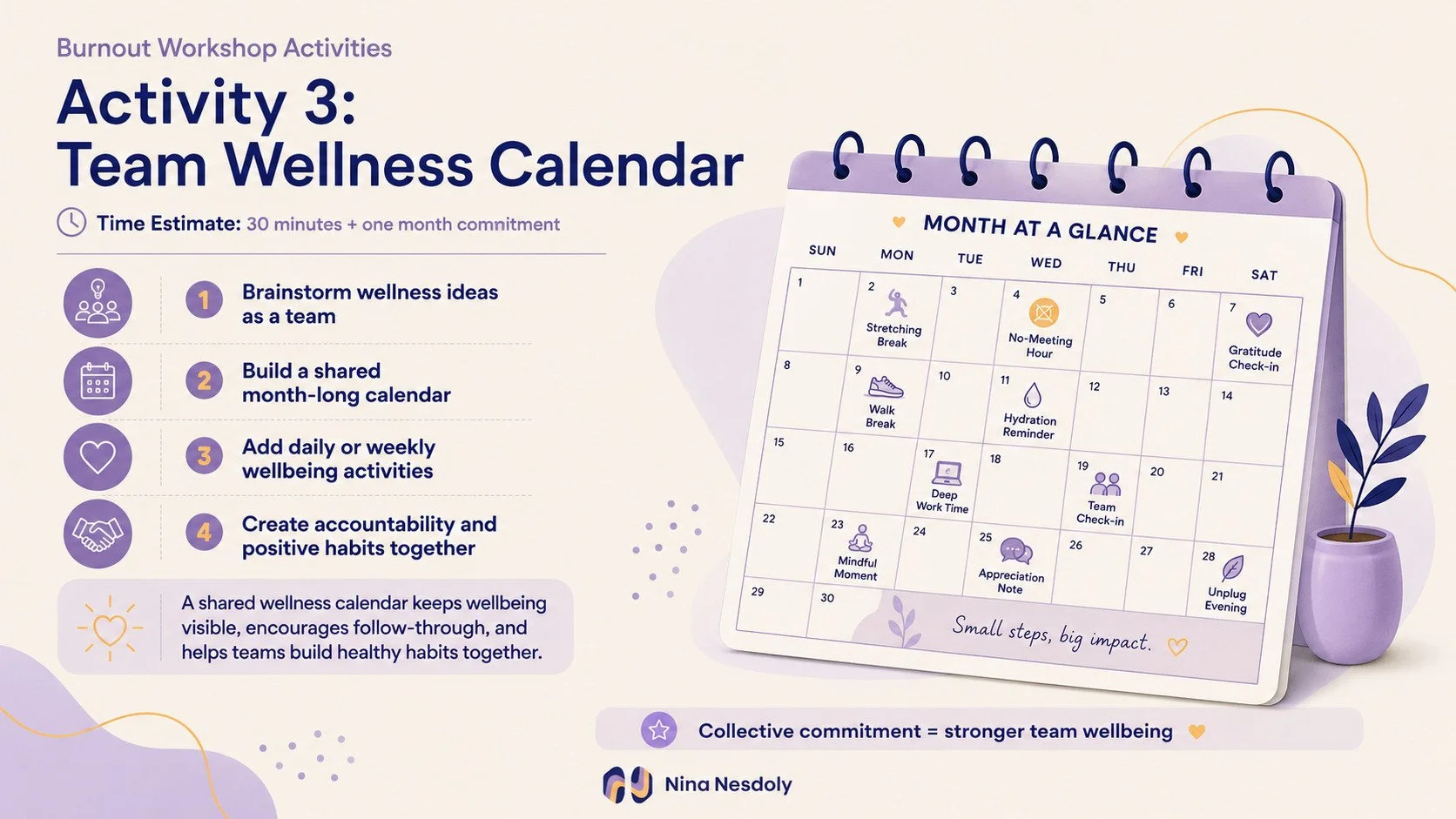 Team wellness calendar with monthly wellbeing activities