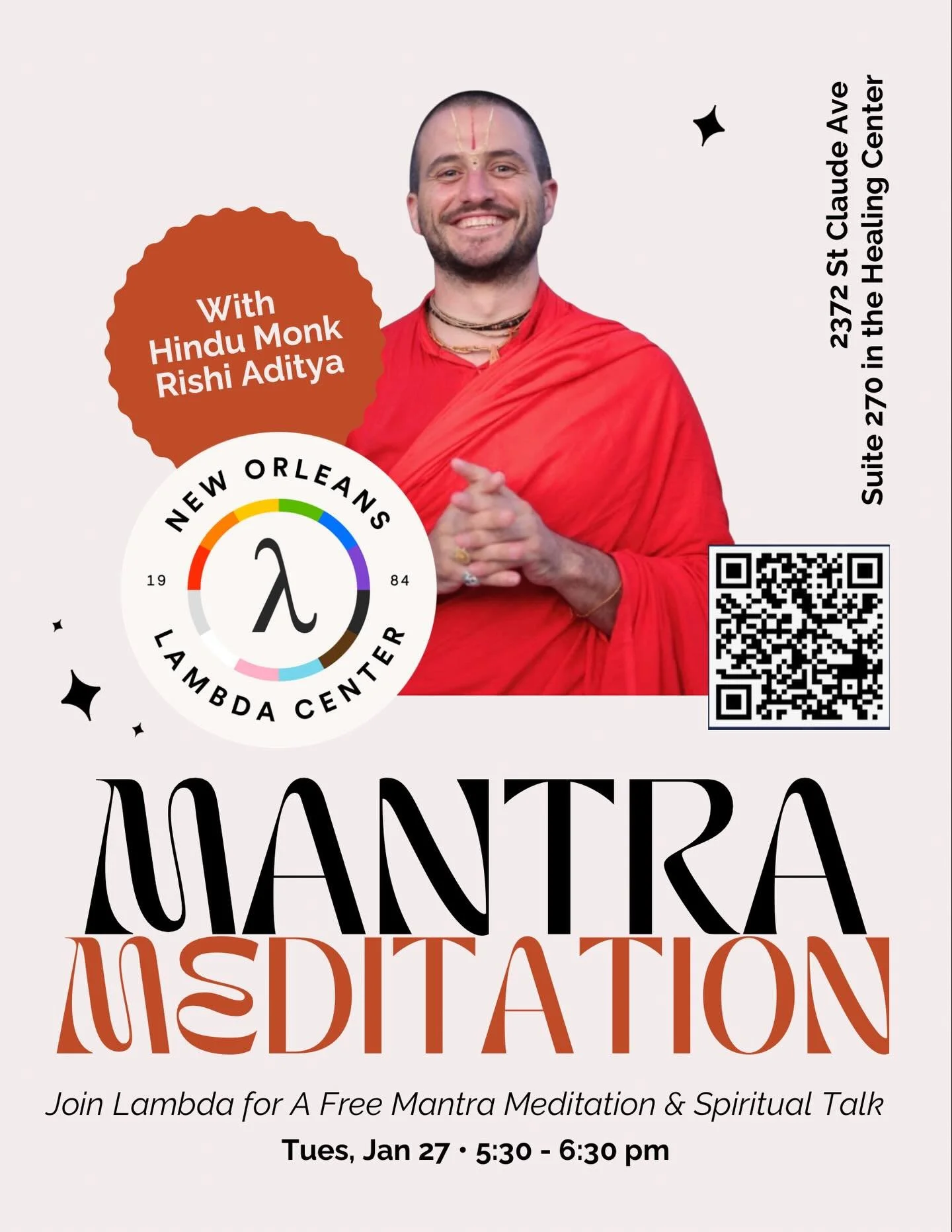 Looking to expand your meditation and spiritual practice? Join us in our space on Tuesday from 5:30-6:30pm for a free mantra meditation &amp; inspiring spiritual talk with Hindu monk @rishi_adityananda