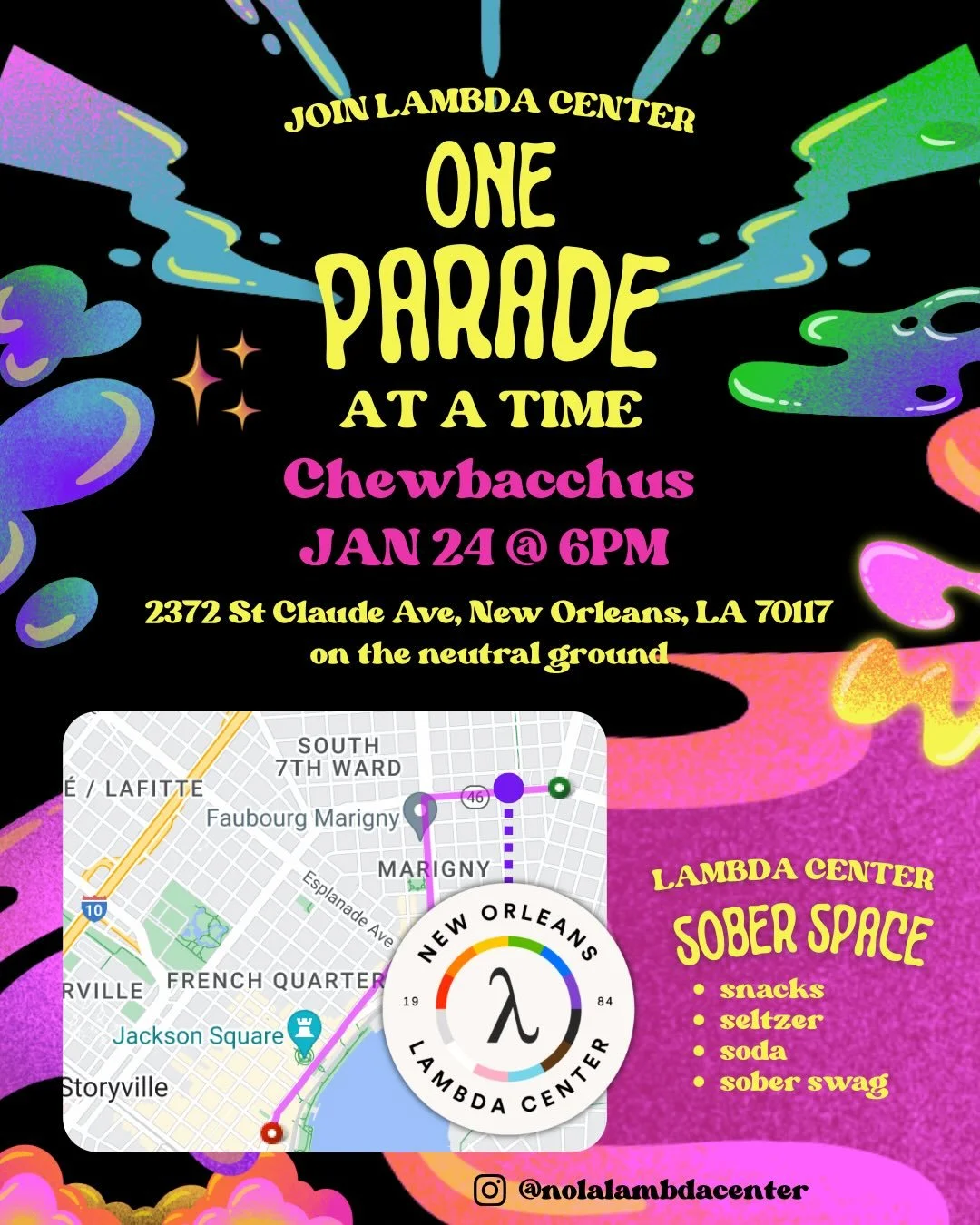 Sober and ready to party? Tonight, @nolalambdacenter's got you covered! King cake, snacks, drinks, and hot cocoa at our sober space for Chewbacchus @kreweofchew. See you at 6! 

#RebellionsAreBuiltOnHope #SoberGras #OneParadeAtATime #SoberKrewe