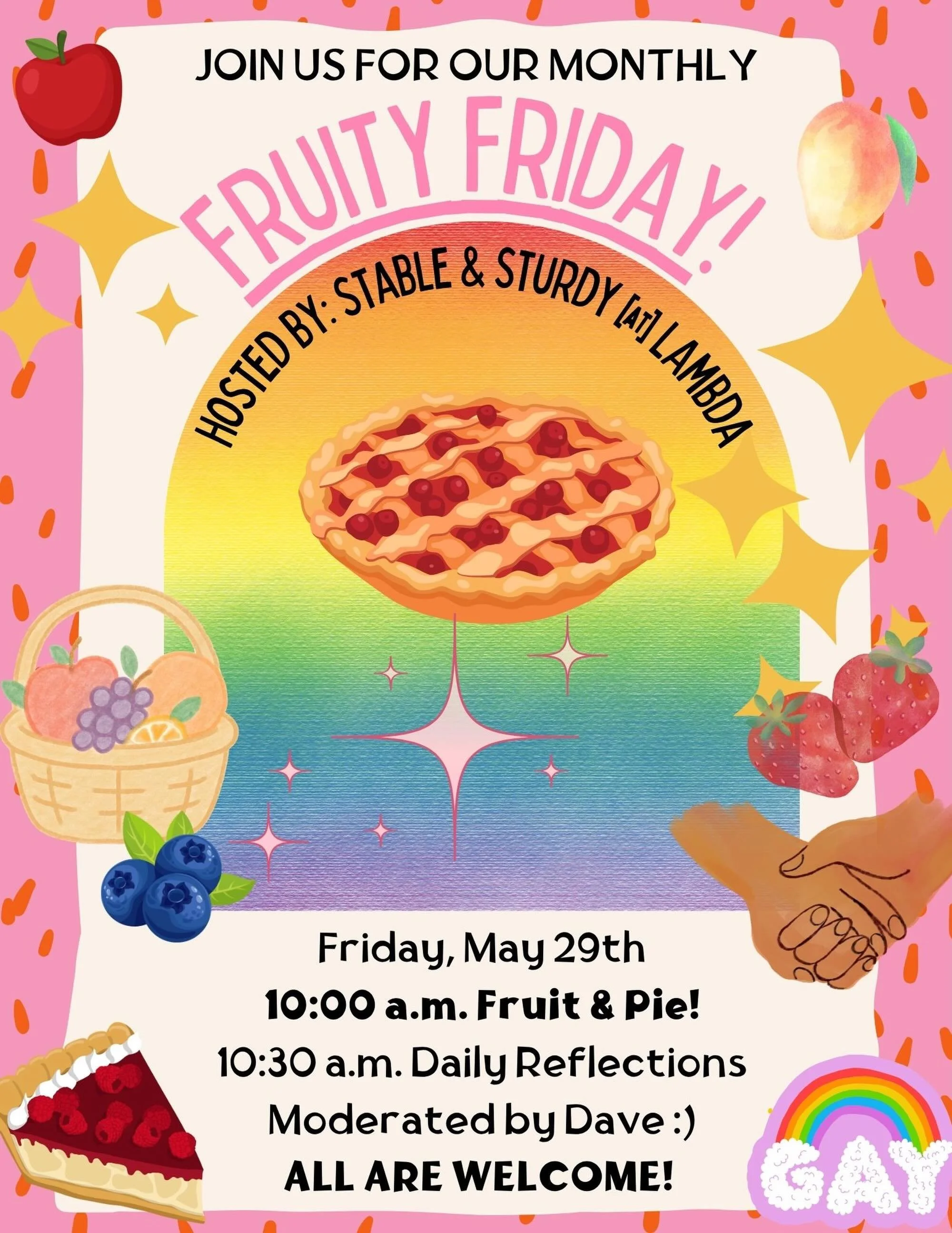 Join Stable &amp; Sturdy for their monthly speak and eat series on the last Friday of the month! 

Start your morning with fruit, pie, and some experience, strength, and hope. Next one is coming up quick on Fri, 5/29 so mark your calendars 

🍉🍒🍓🍇