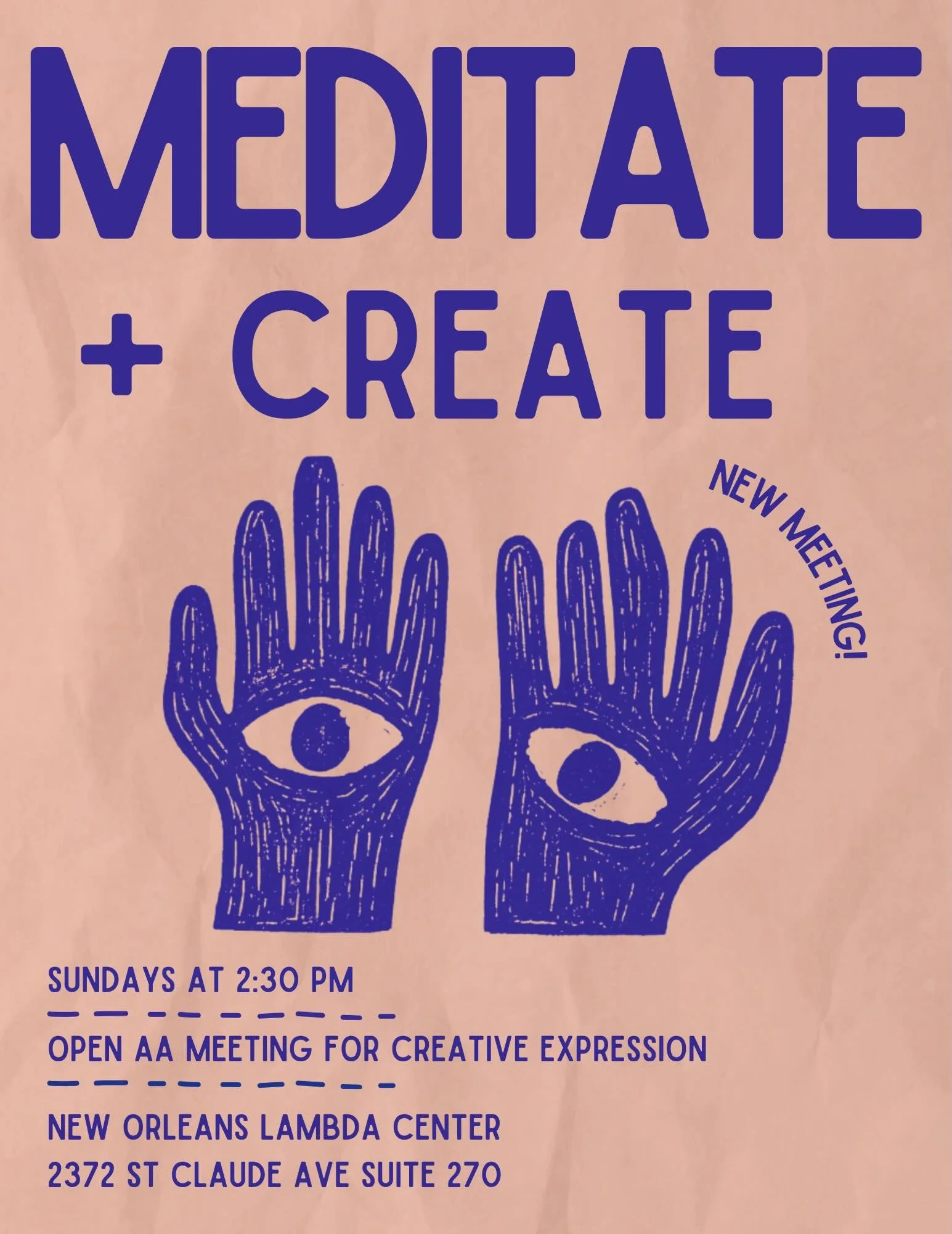 ✨ New Meeting Announcement ✨

We&rsquo;re excited to host Meditate + Create, a new open AA meeting centered on meditation, reflection, and creative expression.

Together, we&rsquo;ll begin with a Daily Reflection, share a brief meditation, spend time