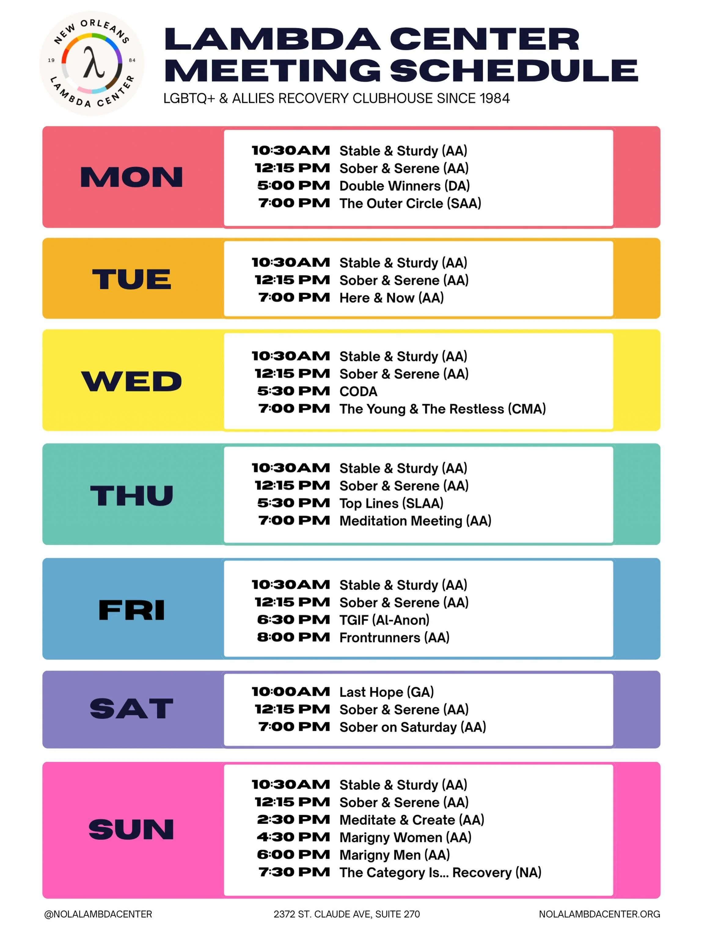 New Orleans Pride is coming up! Whether you&rsquo;re visiting our vibrant city or a local, we have inclusive 12-step meetings every day of the week to keep you grounded and find community. 

You can always check out our website for the latest meeting