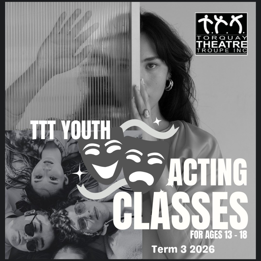 Black and white image of teens laying face down staring up at camera. Text reads: TTT Youth Acting Classes with drama mask graphic overlaid.