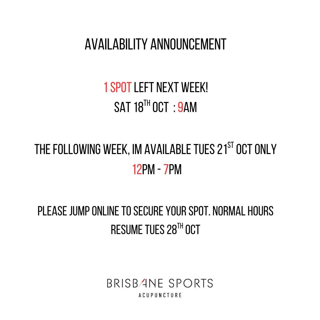 Hi Everyone, 

I'm heading into a couple of really busy weeks and clinic availability is reduced. 
There is only one spot left for next week and the clinic will be open only 1 day the following week. 

Please book early to secure a spot. 
www.brisban