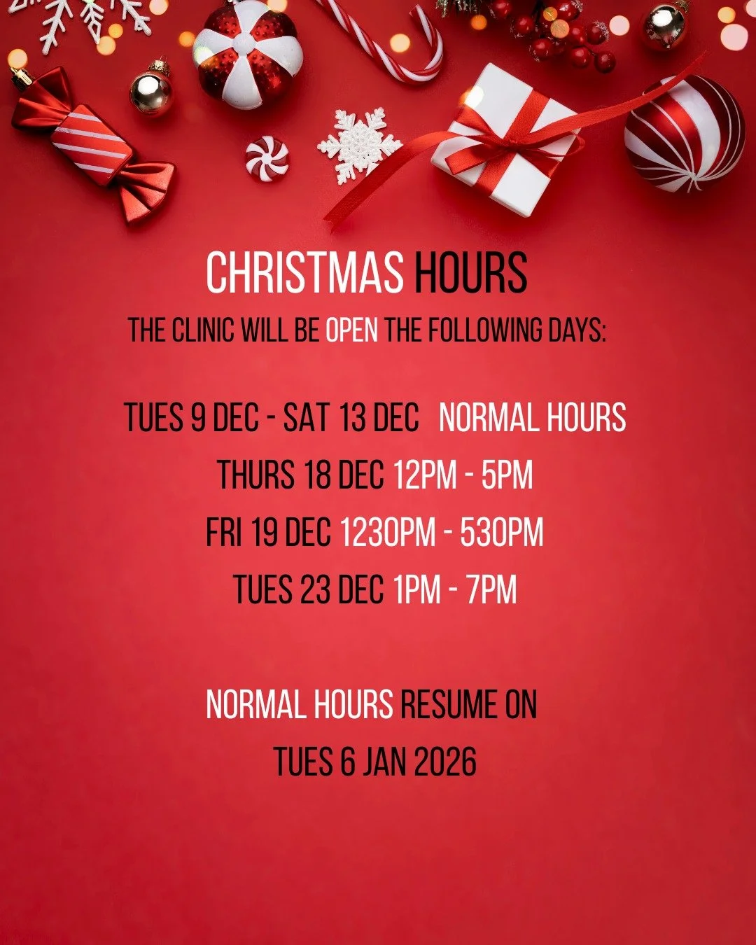Hi Everyone, 

School holidays and the Christmas Break are almost upon us. 
Clinic holiday hours are as follows. 

Some days are booking up quite quickly, so if you need a spot, please book in ASAP. 

www.brisbanesportsacupuncture.com.au

#brisbaneac
