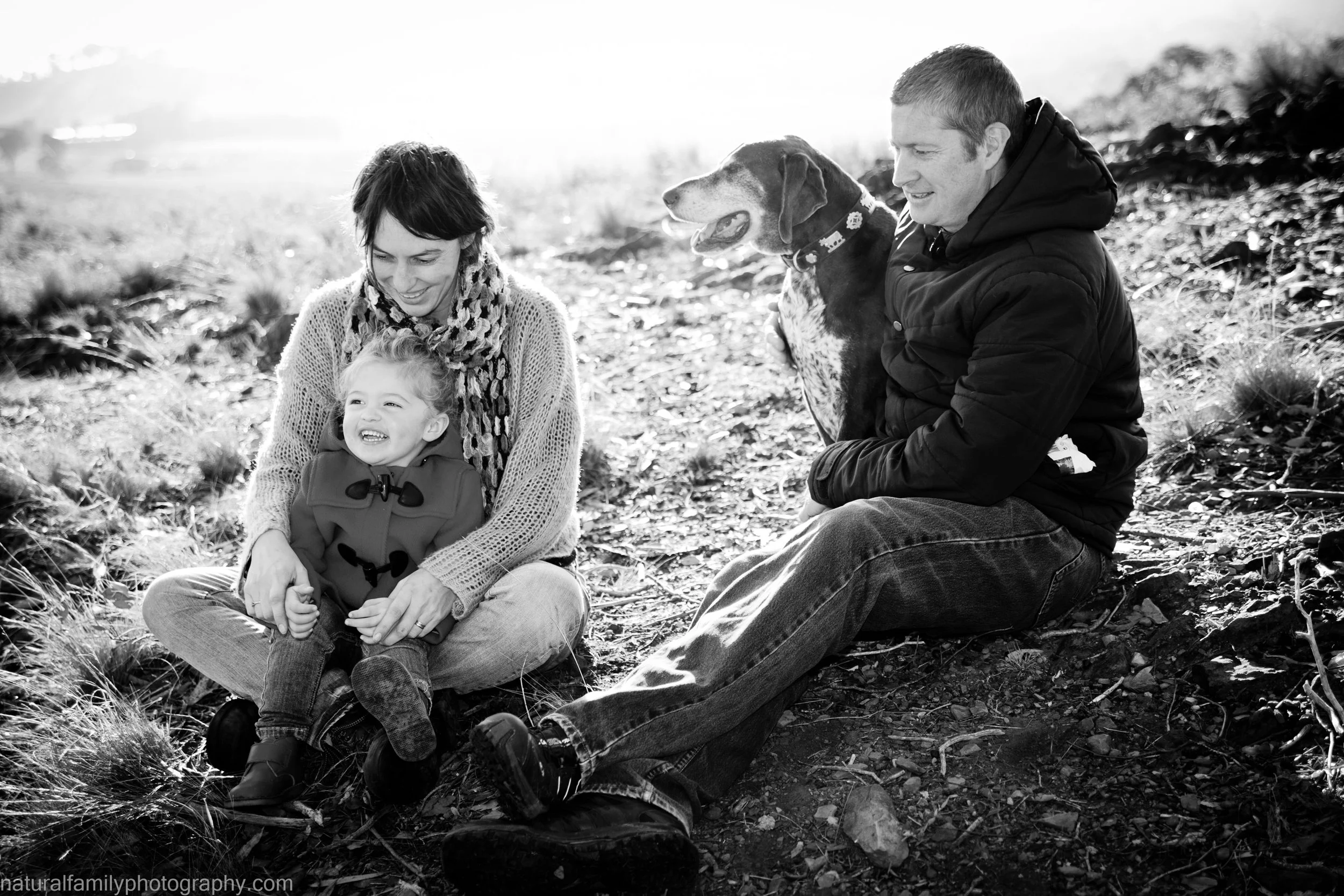 A family of four sitting on the ground outdoors, black and white photo. The mother and small girl are smiling, the girl is on the mother's lap. The father and large dog are nearby, the dog is panting. They are sitting on a natural setting with grass 