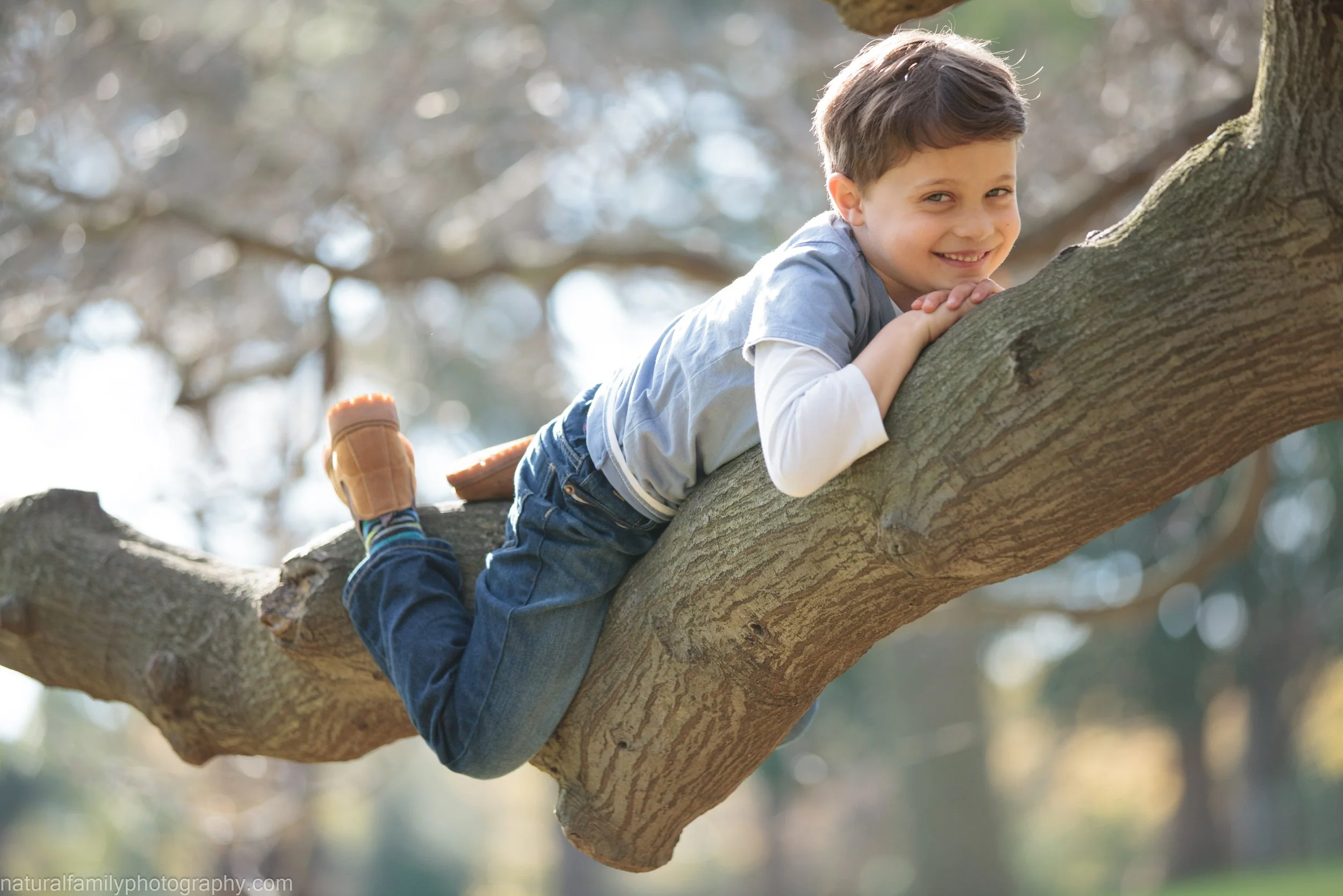 A young boy with brown hair wearing a gray t-shirt, white longsleeve shirt, jeans, and brown boots is lying on a large tree branch, smiling and resting his chin on his folded hands. The background shows blurred trees and sunlight filtering through th