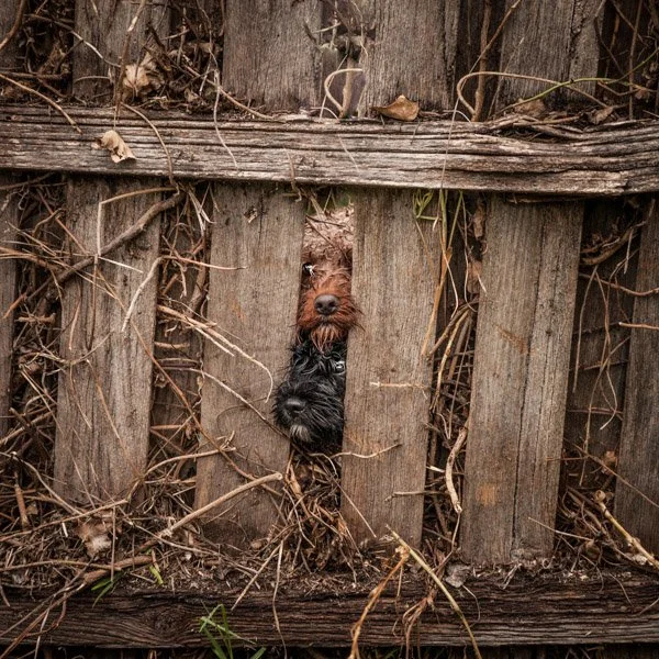 Natural Family Photography Portrait of two dogs peering through a rustic fence.
