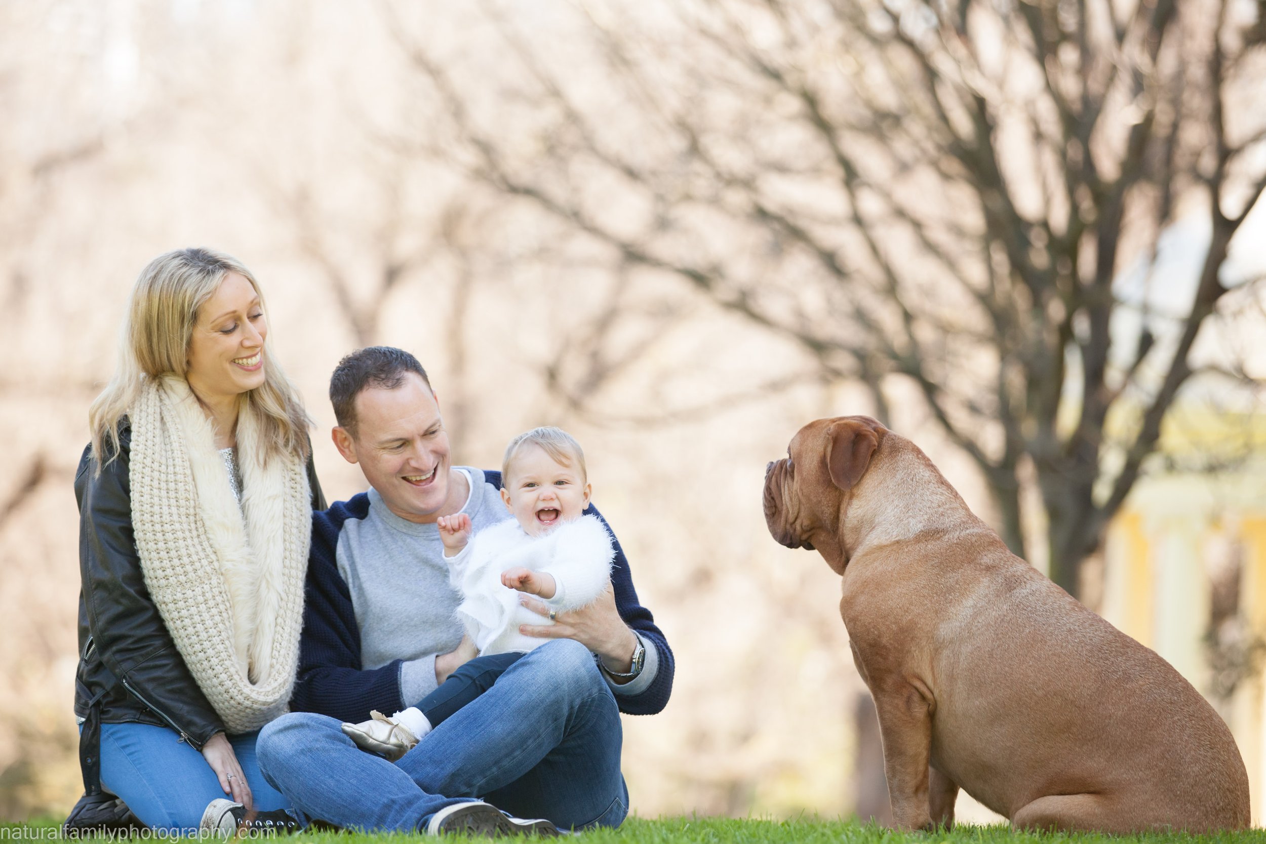 Family of three smiling and playing with their dog outdoors in a park during fall.
