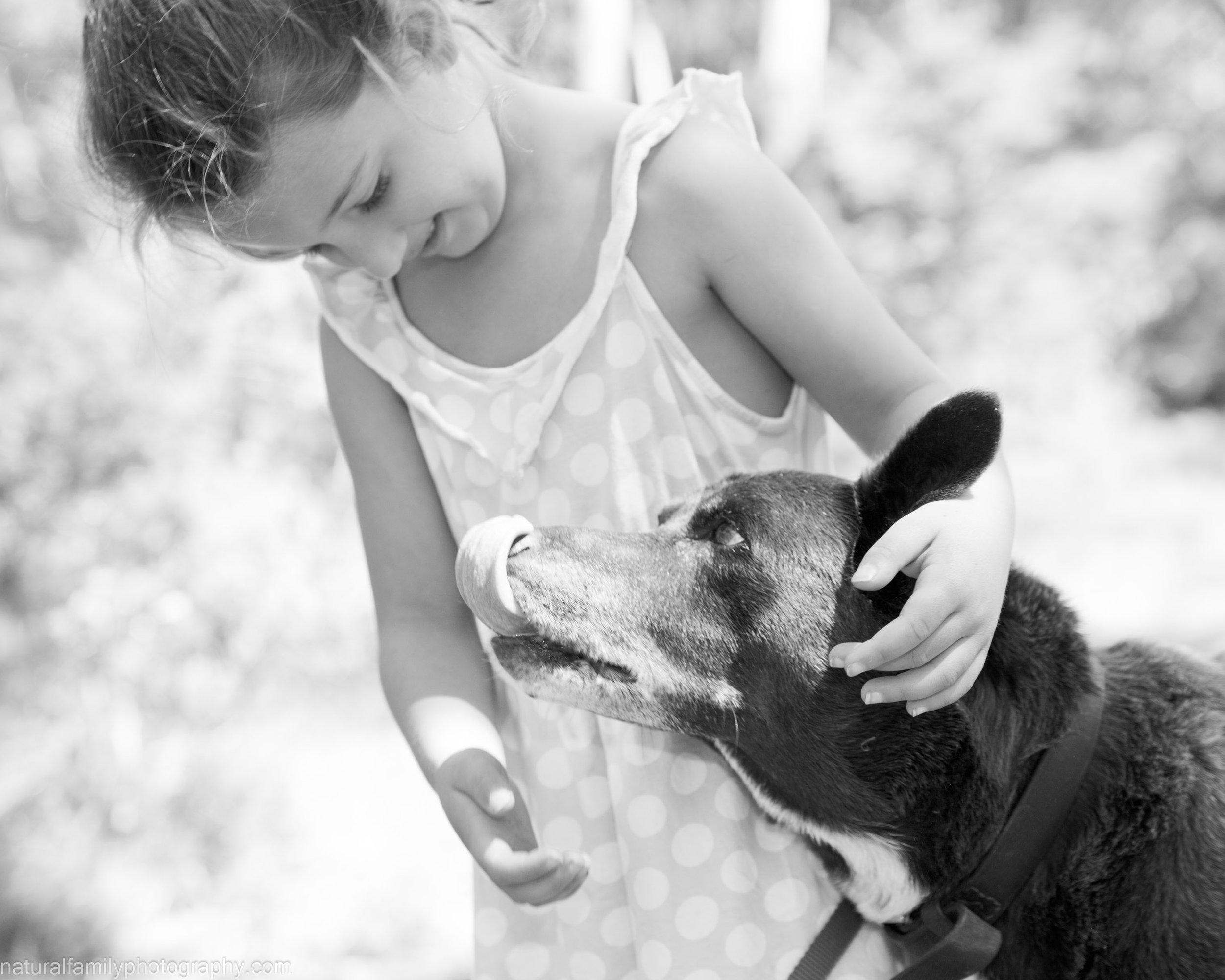 A young girl in a polka dot dress gently petting a dog outdoors.