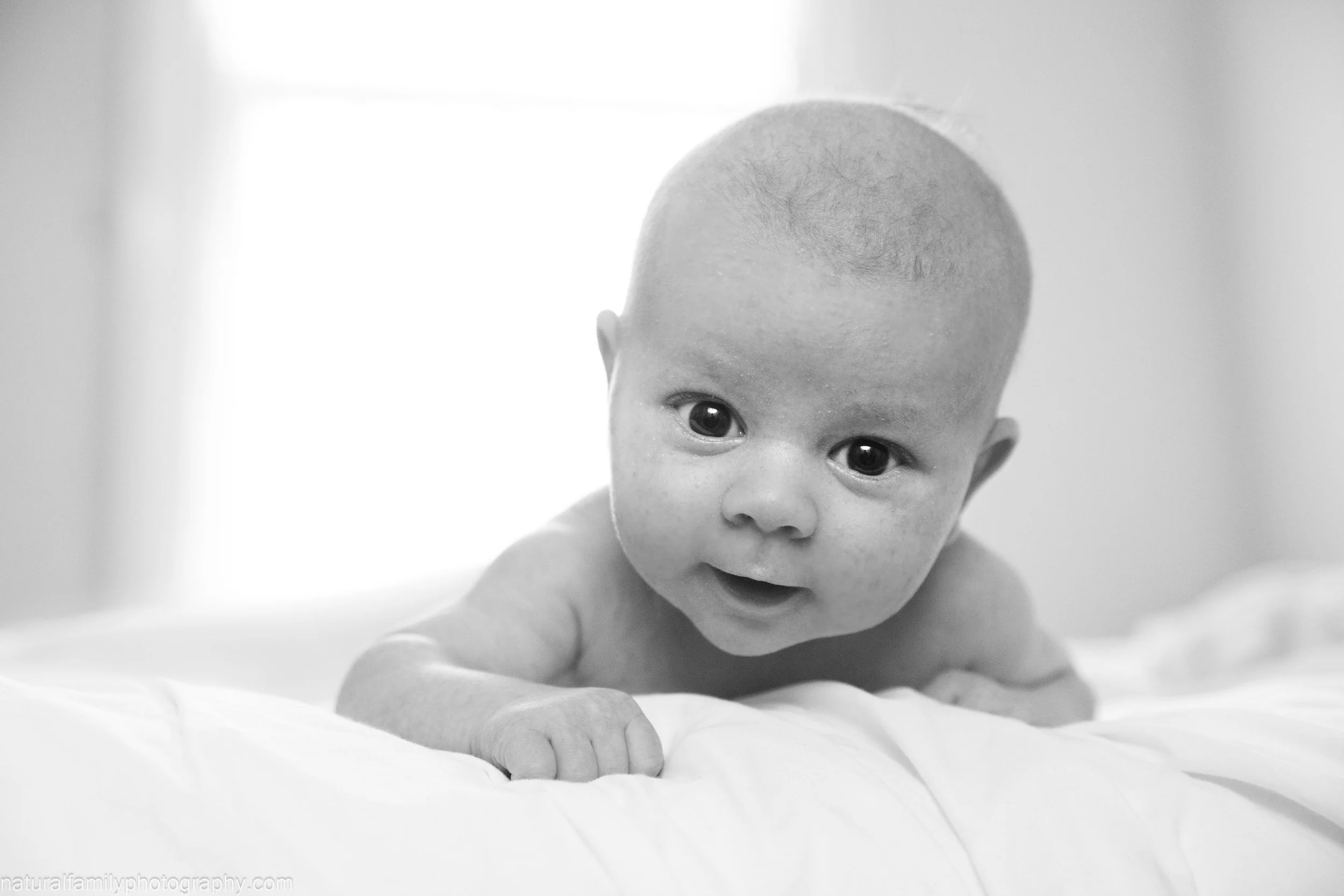 A baby with a shaved head on a bed, looking at the camera, in black and white.