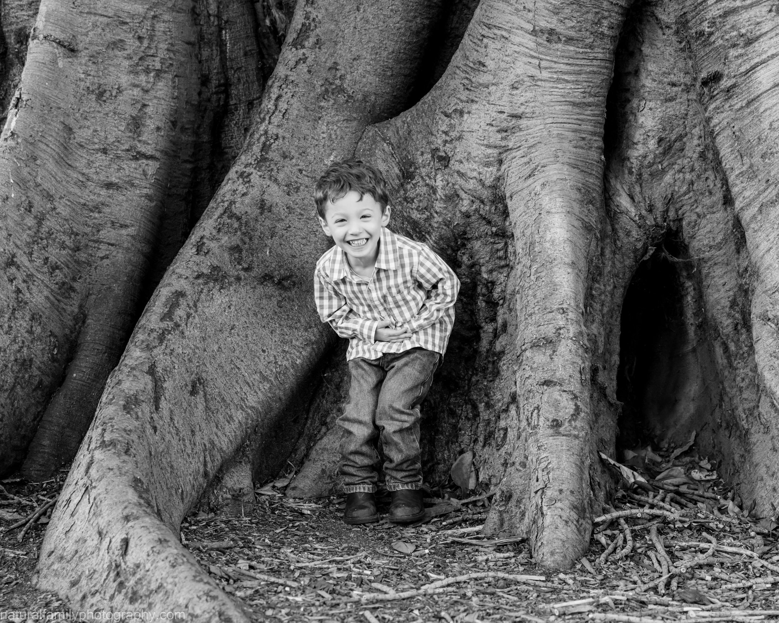 A young boy laughing and smiling, standing at the base of a large, textured tree with roots and hollow sections.