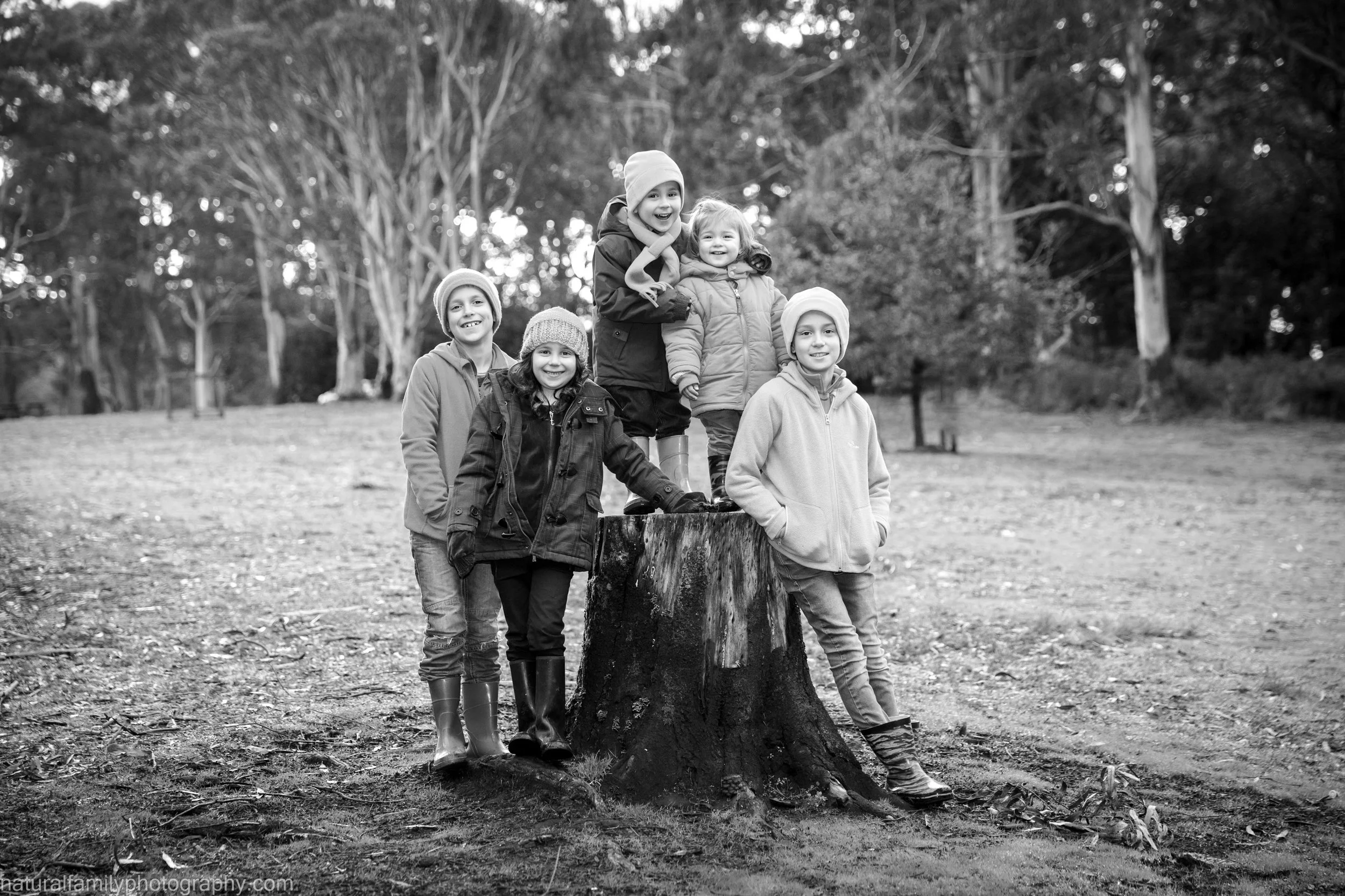 Six children dressed in warm clothes and rain boots, standing and sitting on a tree stump in a park with trees in the background.