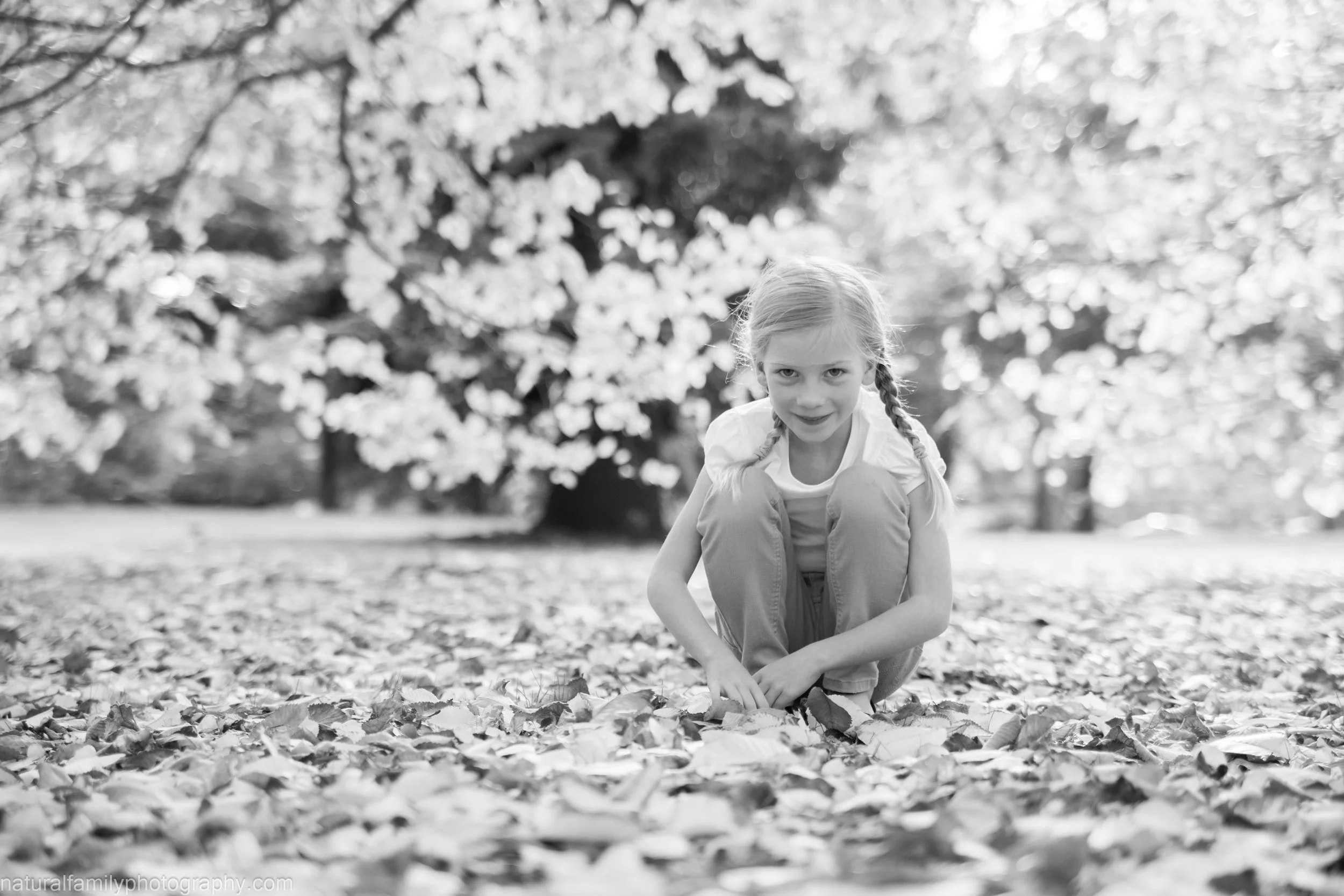 A young girl with braided hair squatting down and touching fallen leaves in a park with trees in the background.