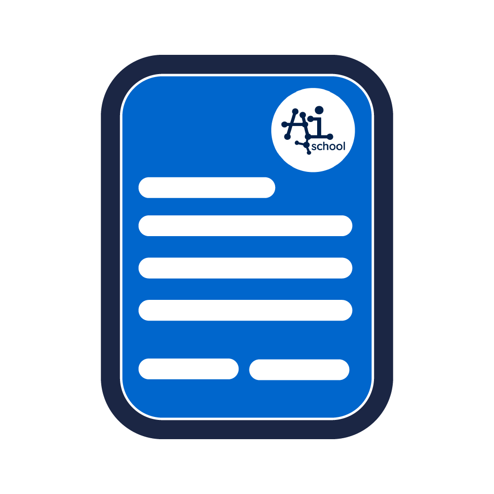 Illustratie van een blauw schoolnaamplaat met witte tekst en een logo met moleculaire structuur, die het woord 