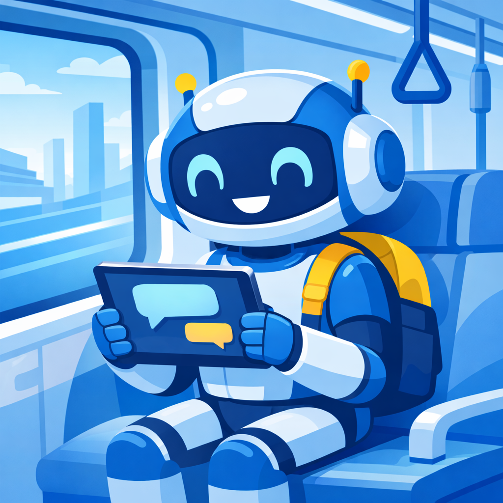 Een vriendelijke robot die op een bus of metro zit en op haar tablet kijkt.