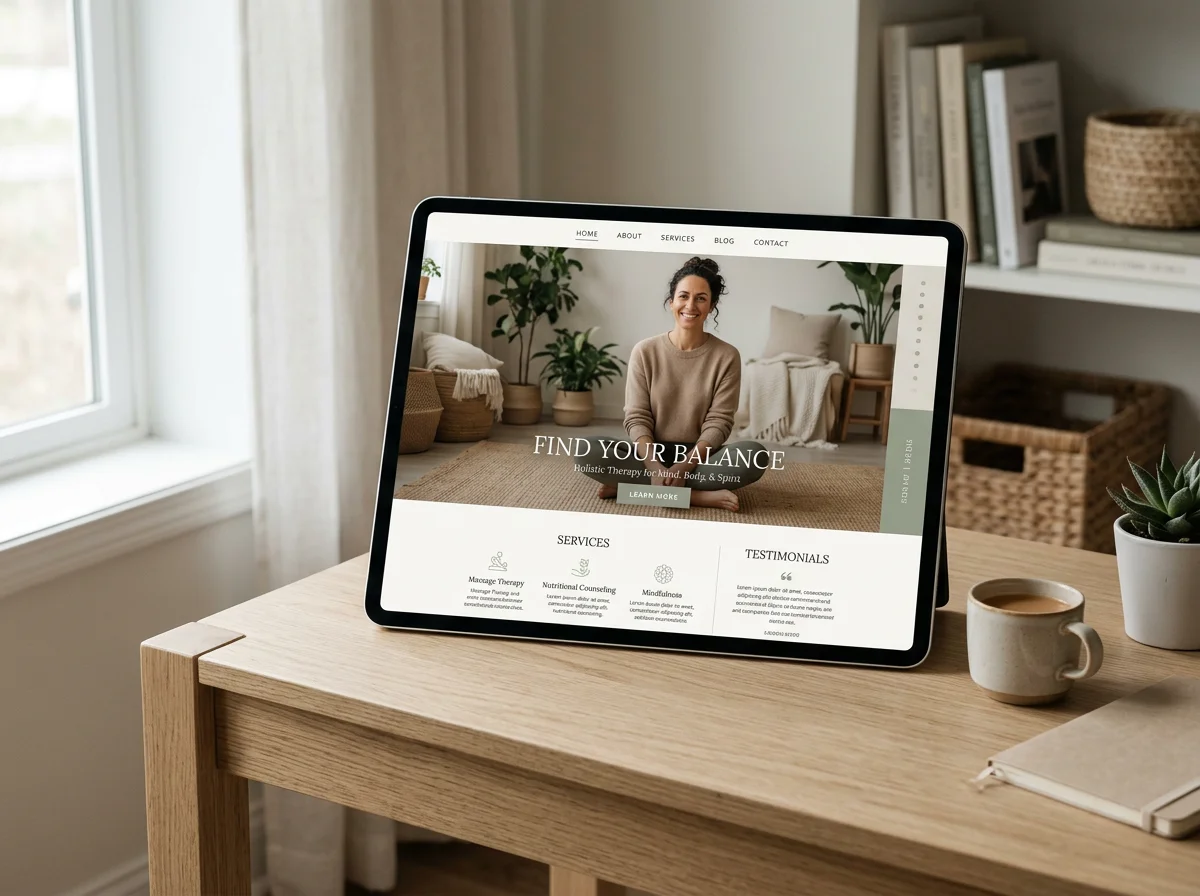 Laptop on table displaying website home page, cup of coffee on table