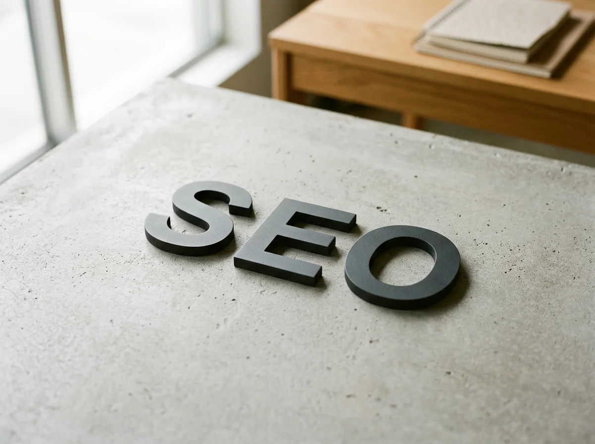 Dark grey capital letters SEO sitting on grey surface