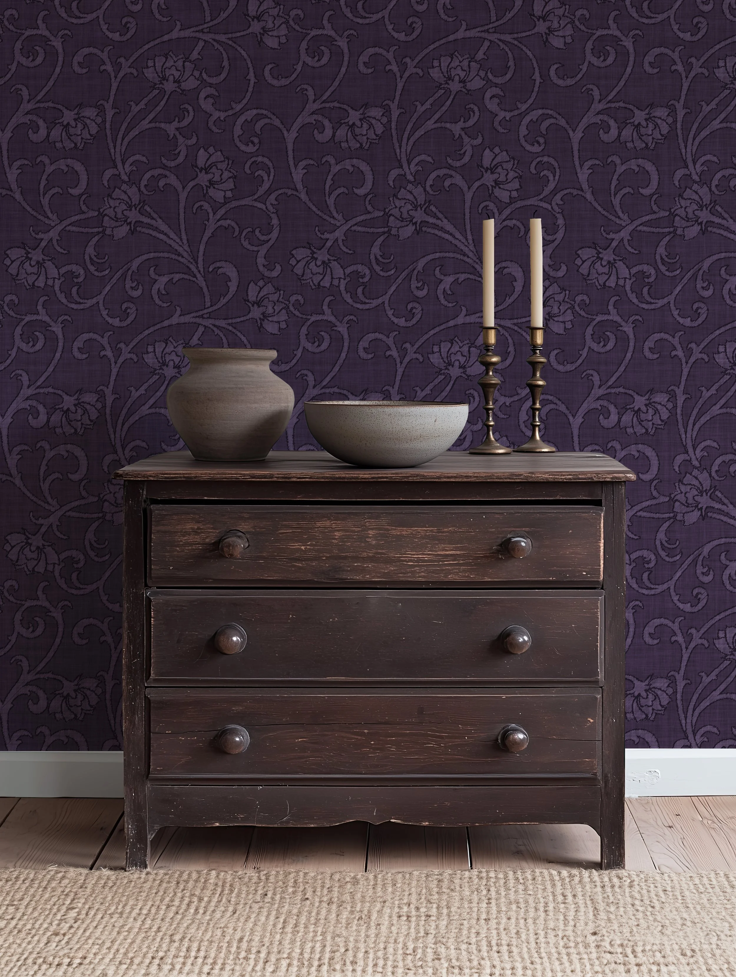 Chest of Drawers with moody purple gothic wallpaper.jpg
