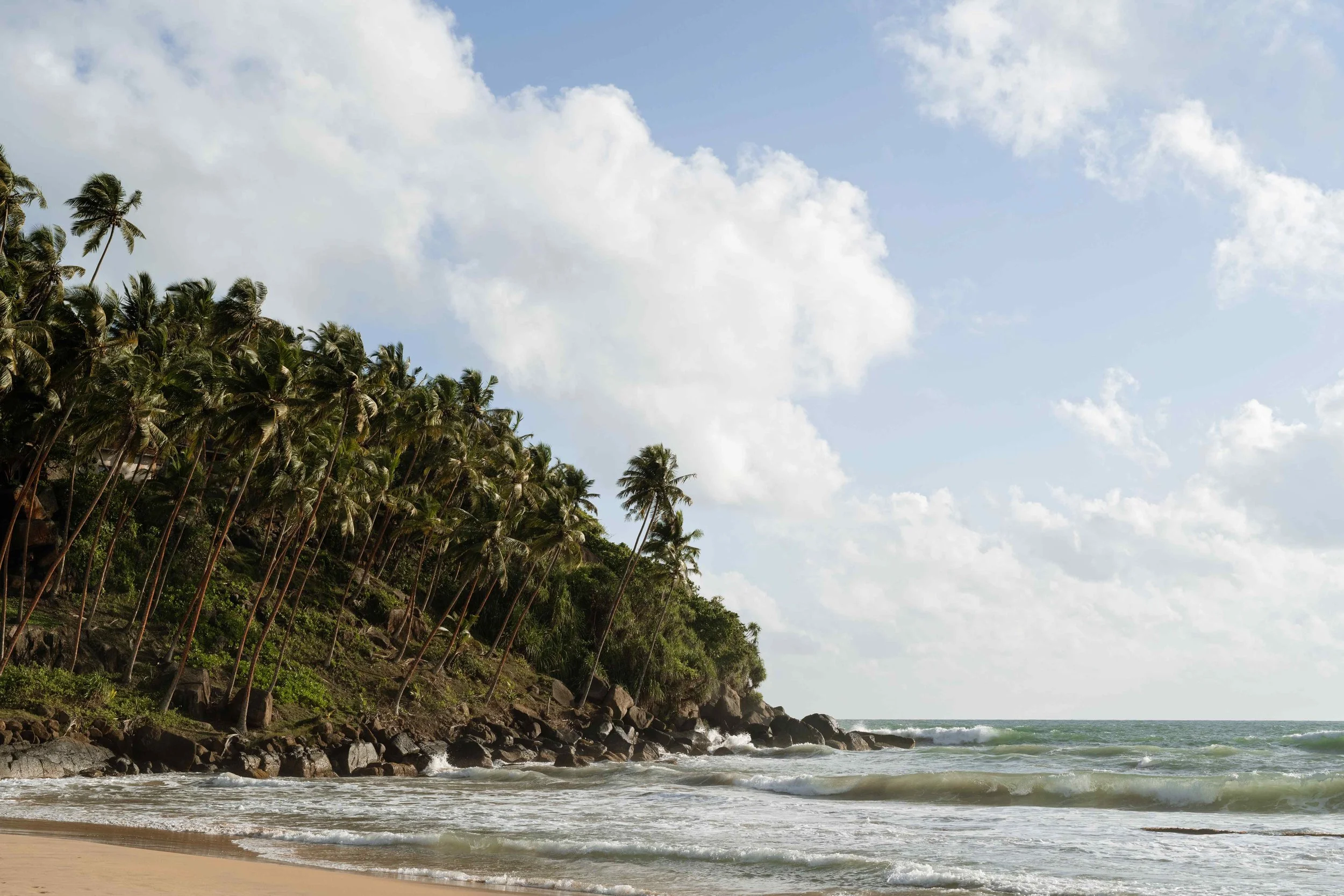 Tropical beach with palm trees on a green hillside, rocky shoreline, ocean waves, and partly cloudy sky.
