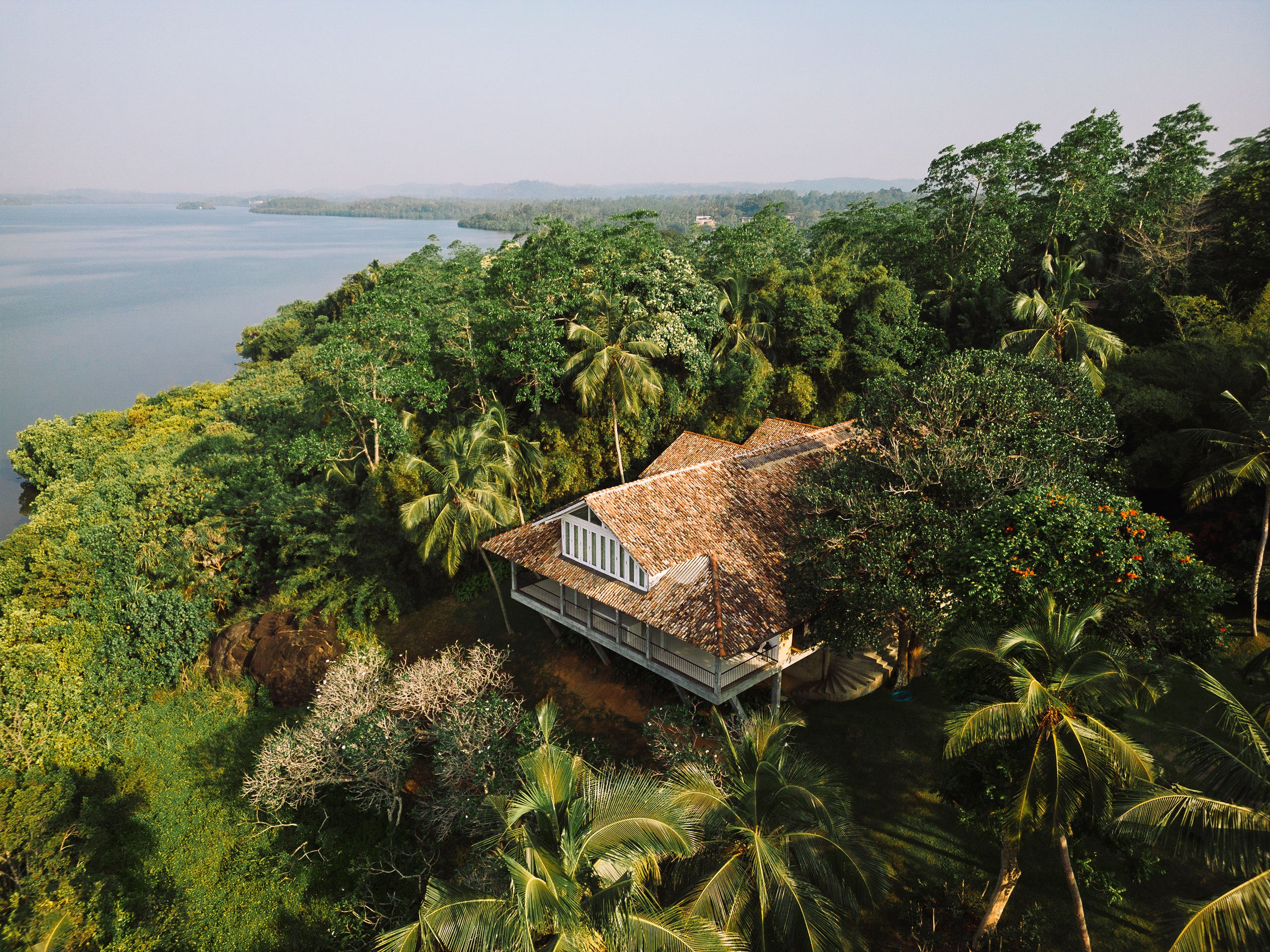 A lush green tropical landscape with trees, including palm trees, overlooking a large body of water with a hazy sky in the background.