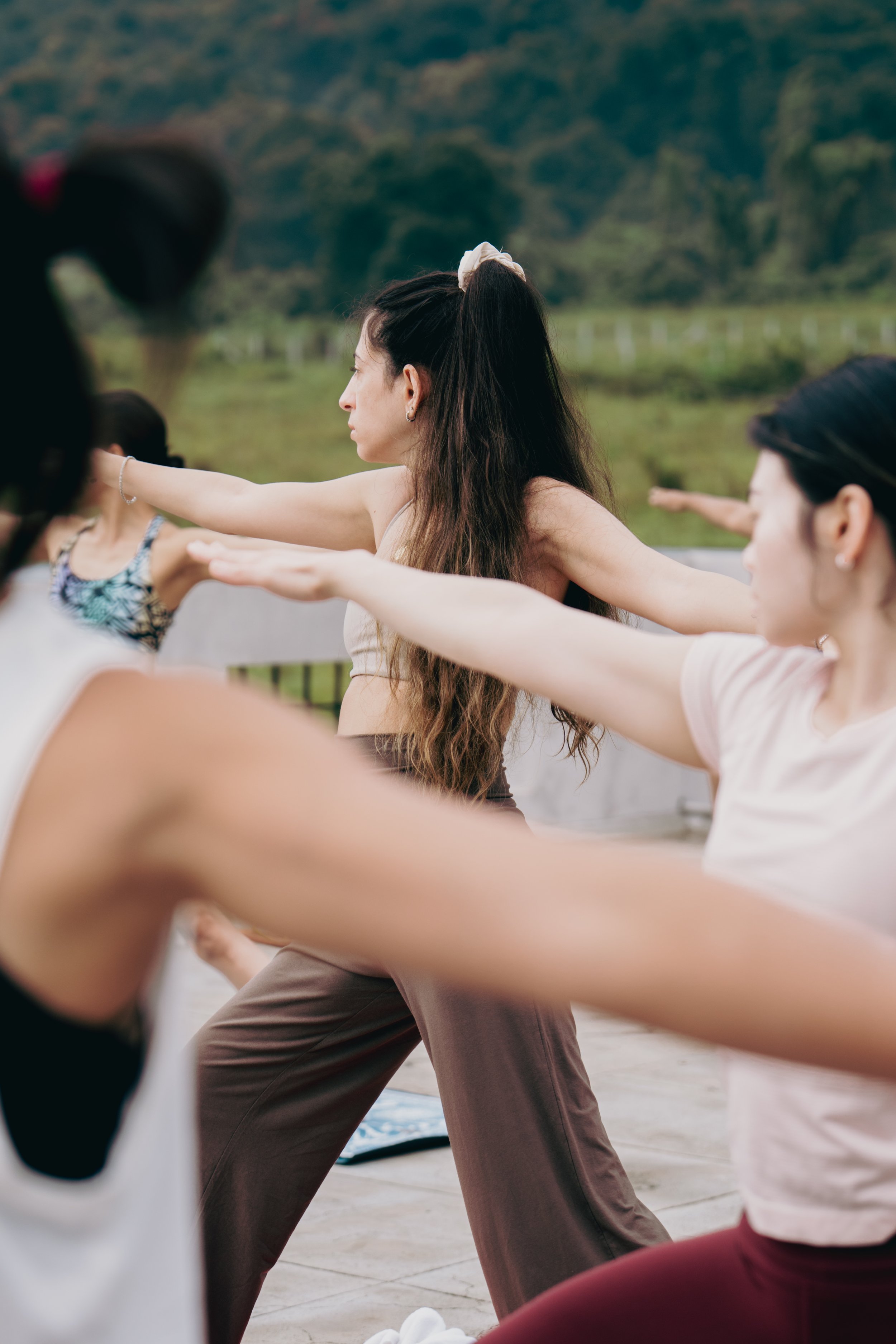 Group of people practicing yoga outdoors in a park, performing a yoga pose with arms extended forward, focused and calm expressions, natural background with trees and greenery.
