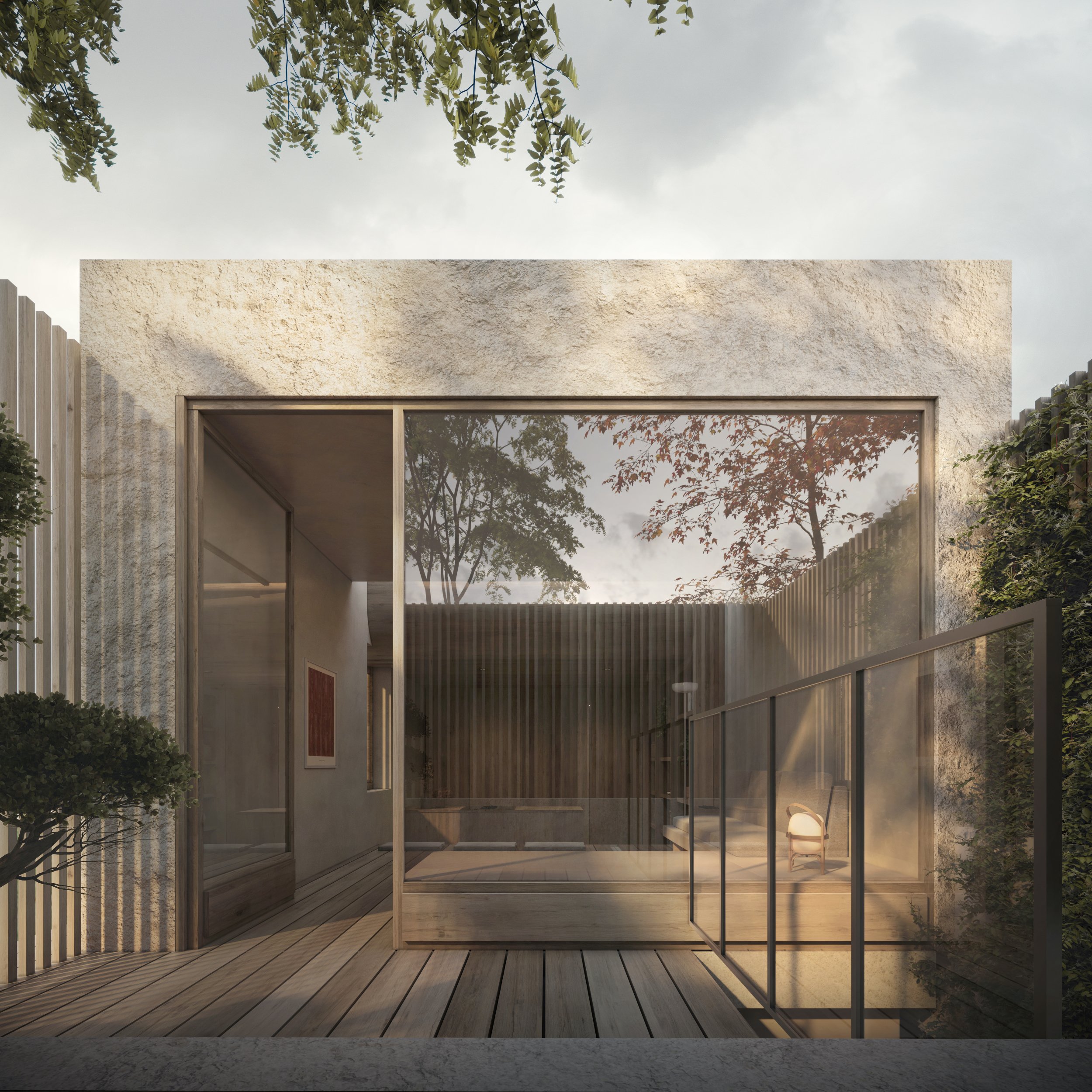 Hidden home's glass frontage and view of the lightwell.