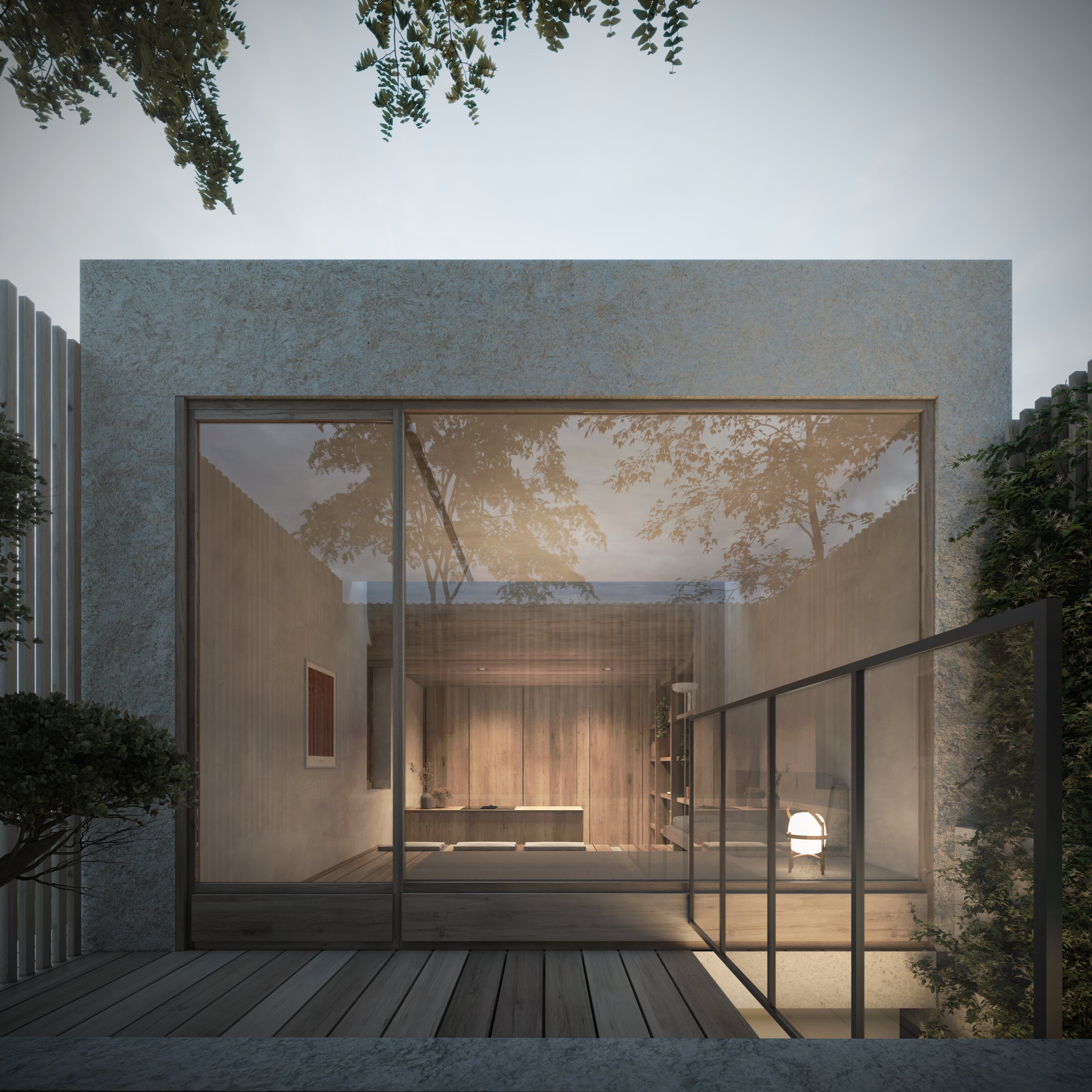Hidden home's glass frontage and view of the lightwell.