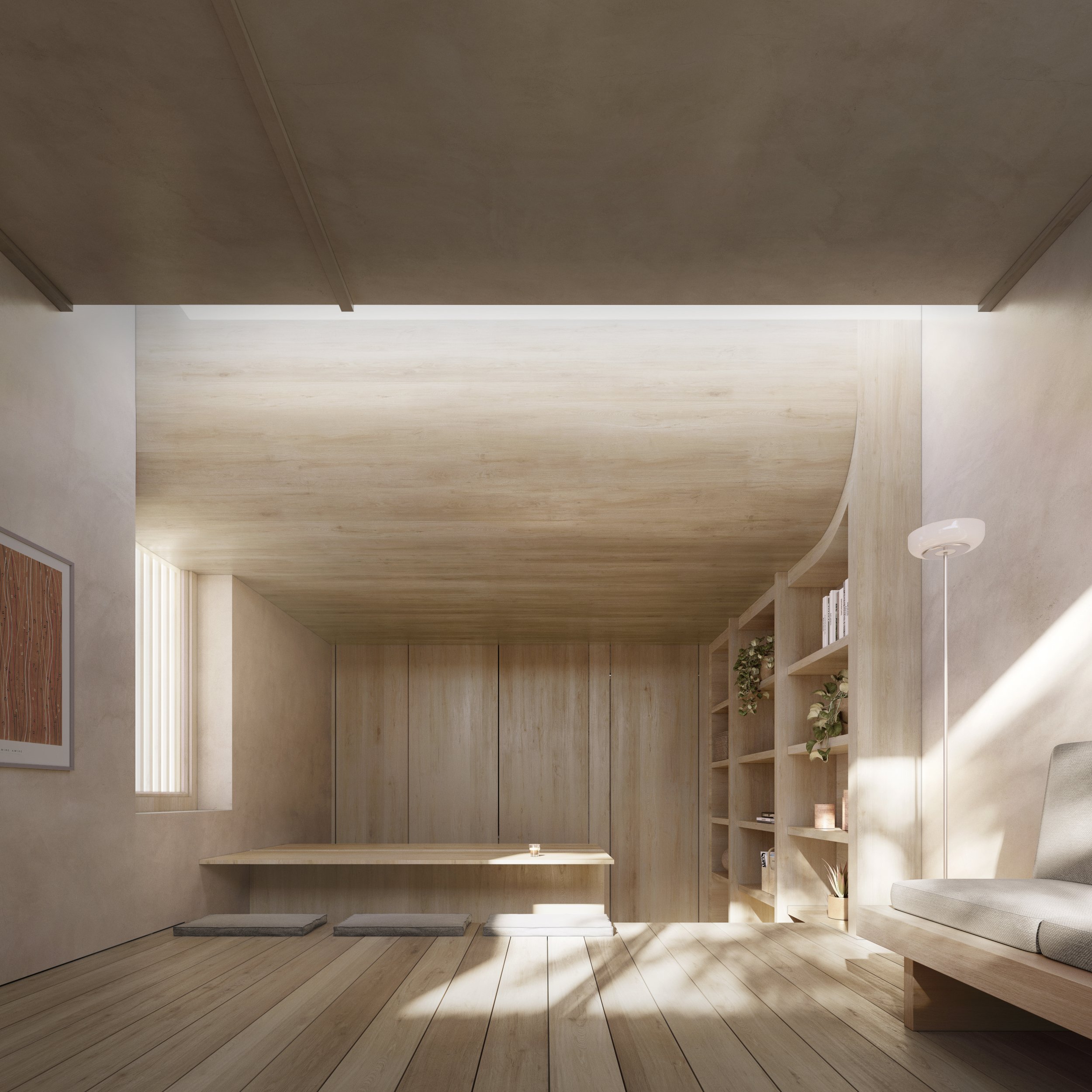 The view from the living room into a minimalist kitchen.
